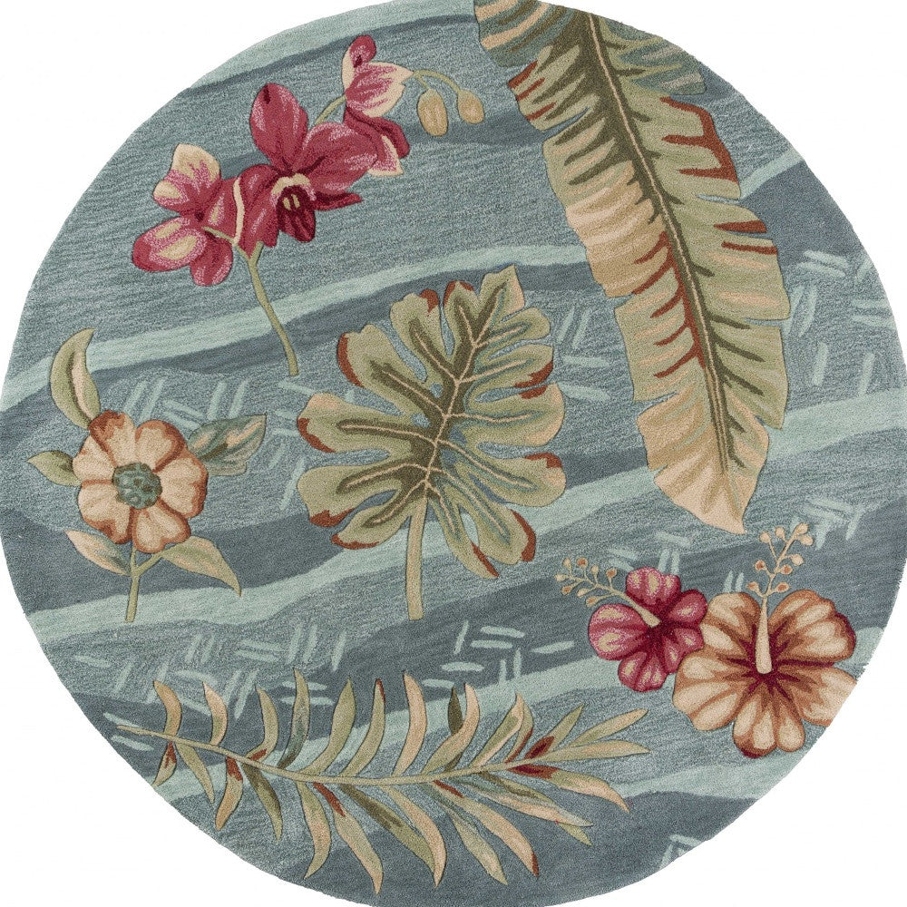 6' Seafoam Green Hand Tufted Tropical Plants Round Indoor Area Rug