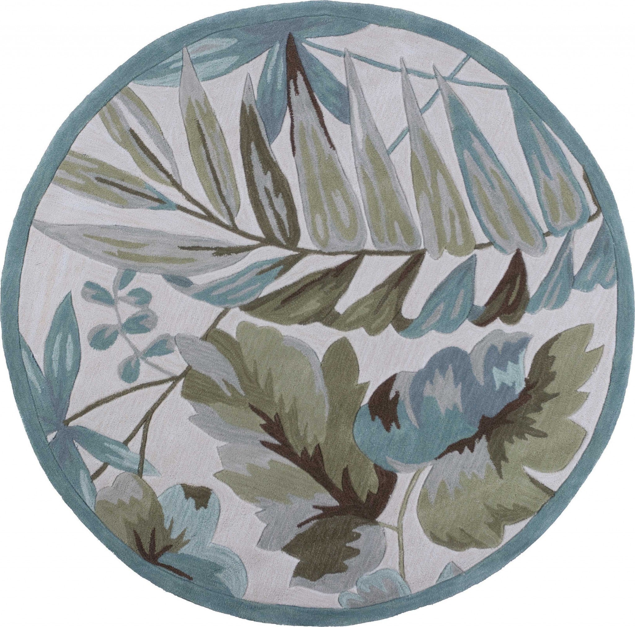 6' Ivory Teal Hand Tufted Tropical Leaves Round Indoor Area Rug Default Title