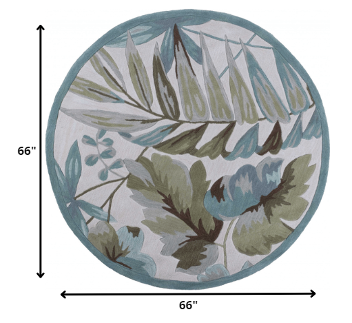 6' Ivory Teal Hand Tufted Tropical Leaves Round Indoor Area Rug