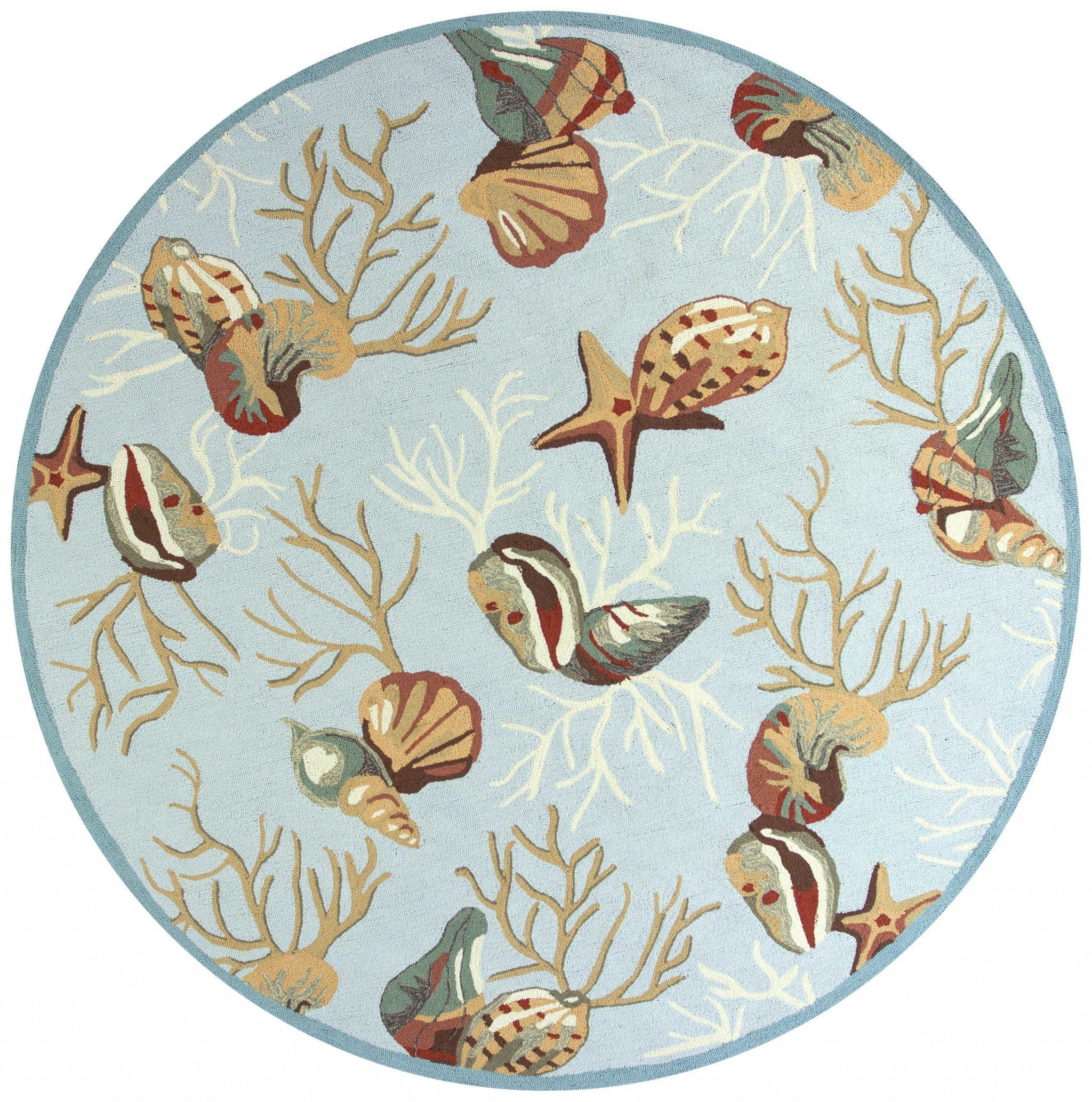 7' Round Blue Shells and Corals Indoor Area Rug Default Title