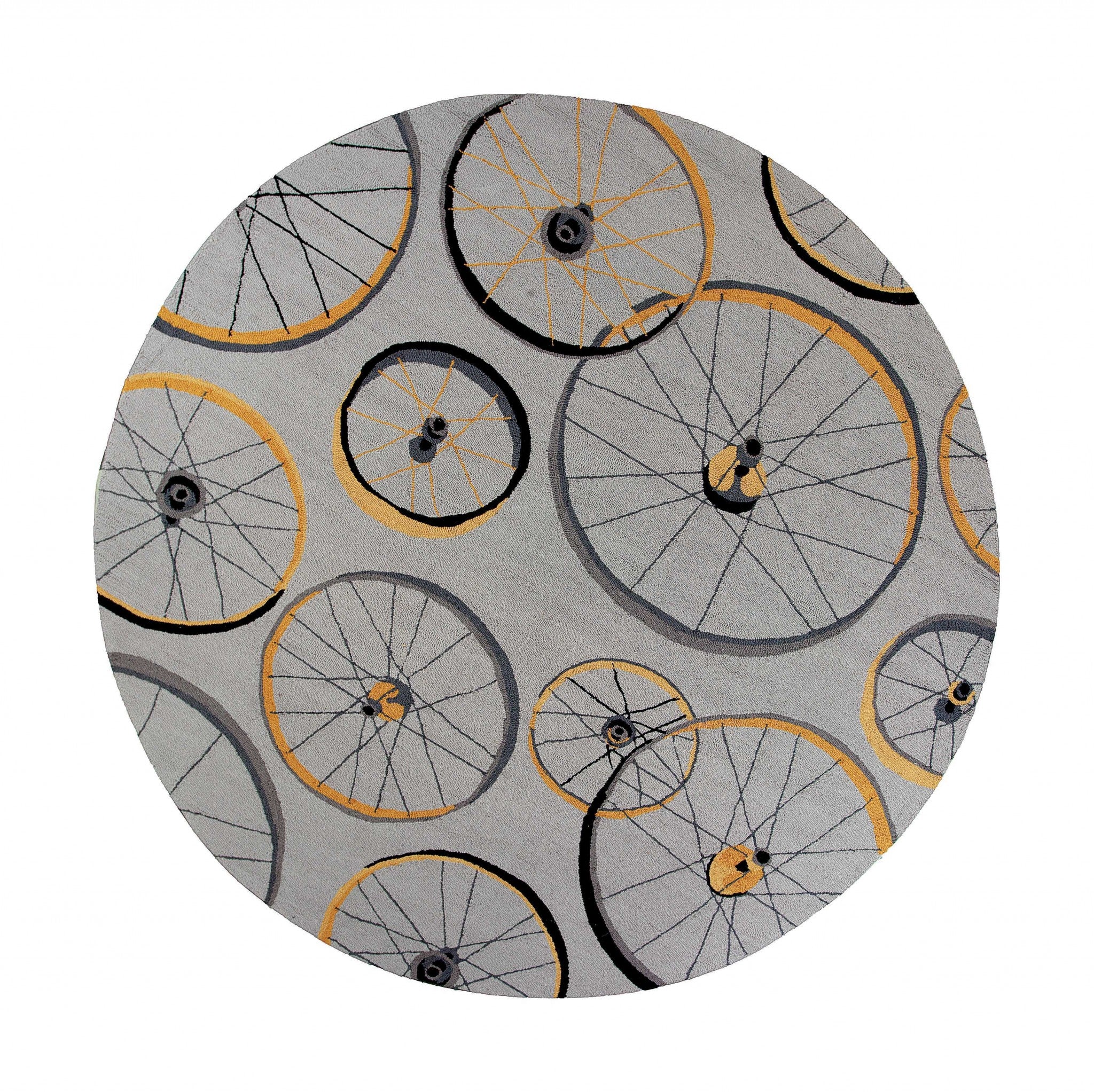 8' Grey Hand Hooked Wheels Round Indoor Area Rug Default Title