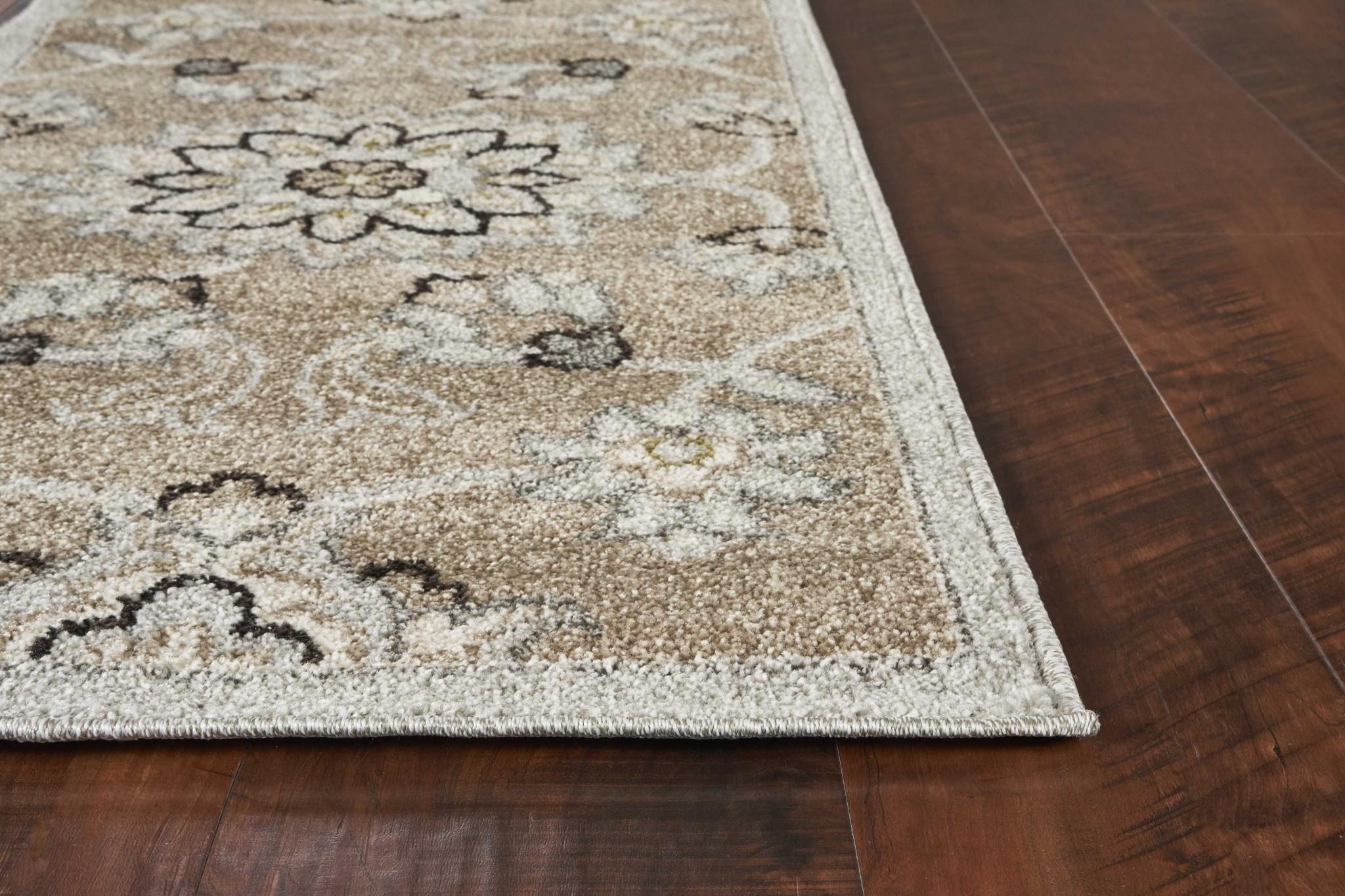 2'x4' Beige Grey Machine Woven UV Treated Floral Traditional Indoor Outdoor Accent Rug