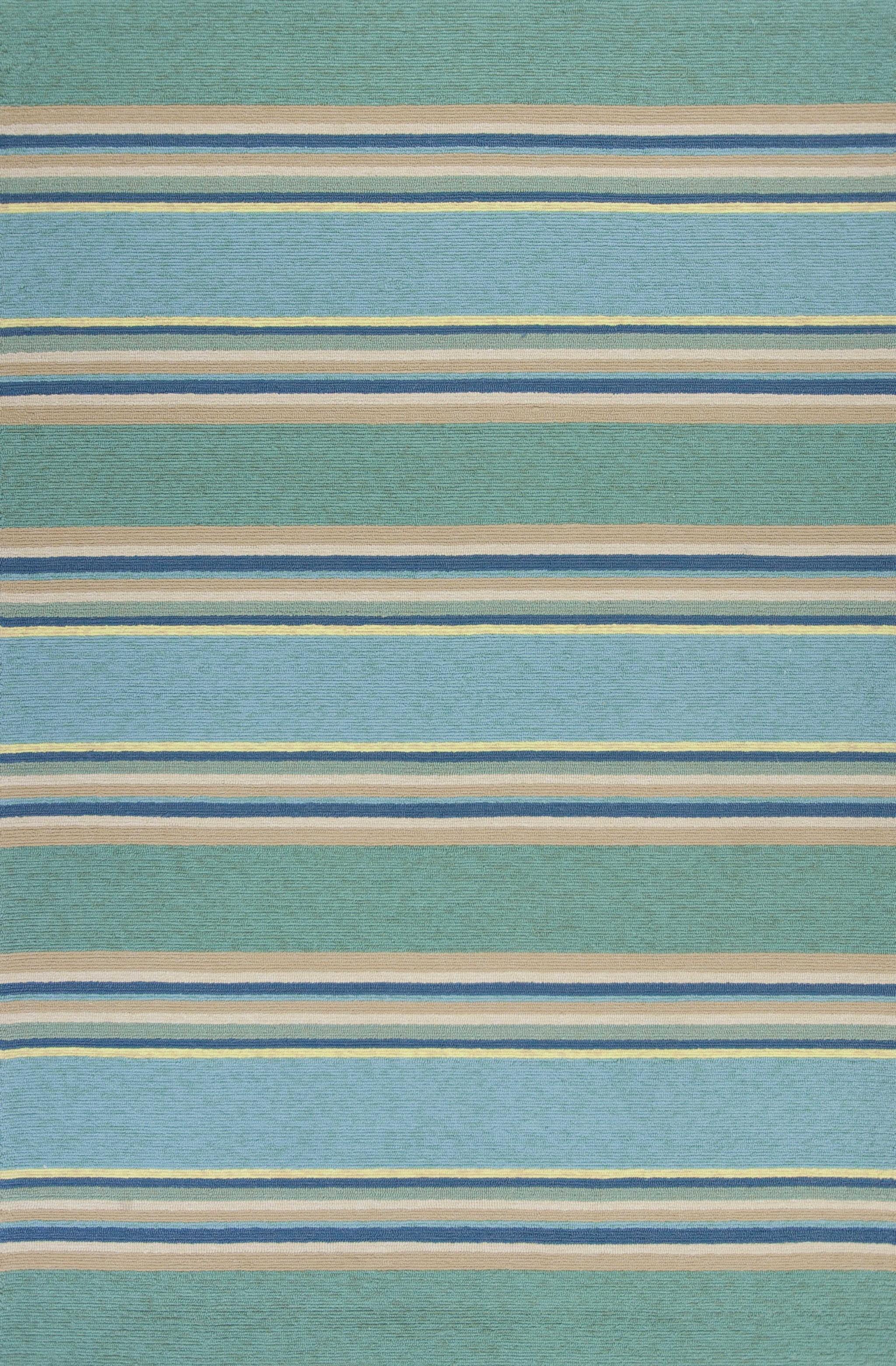 2'x3' Ocean Blue Hand Hooked UV Treated Awning Stripes Indoor Outdoor Accent Rug