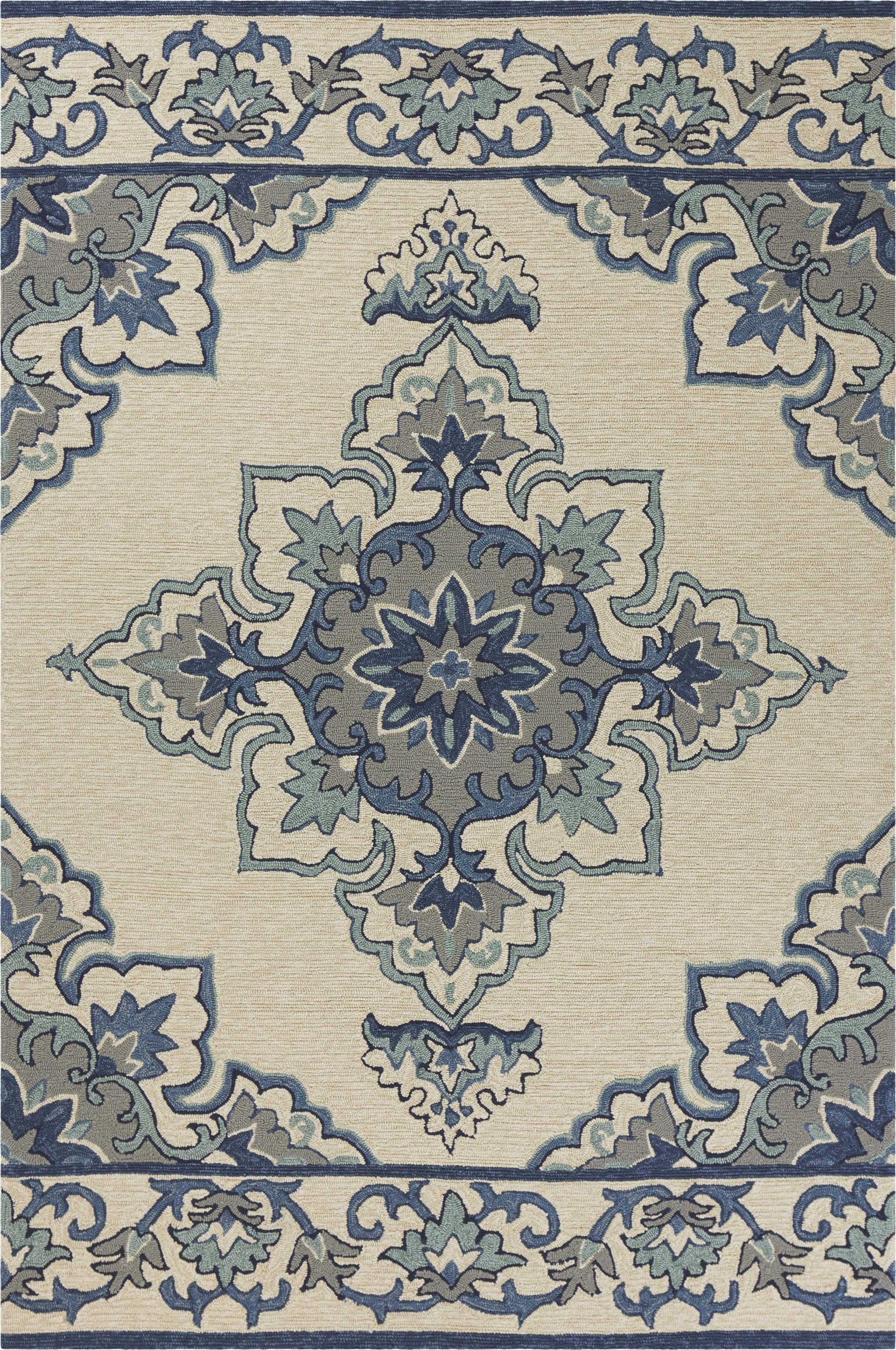 2'x3' Ivory Blue Hand Hooked Floral Medallion Indoor Outdoor Accent Rug