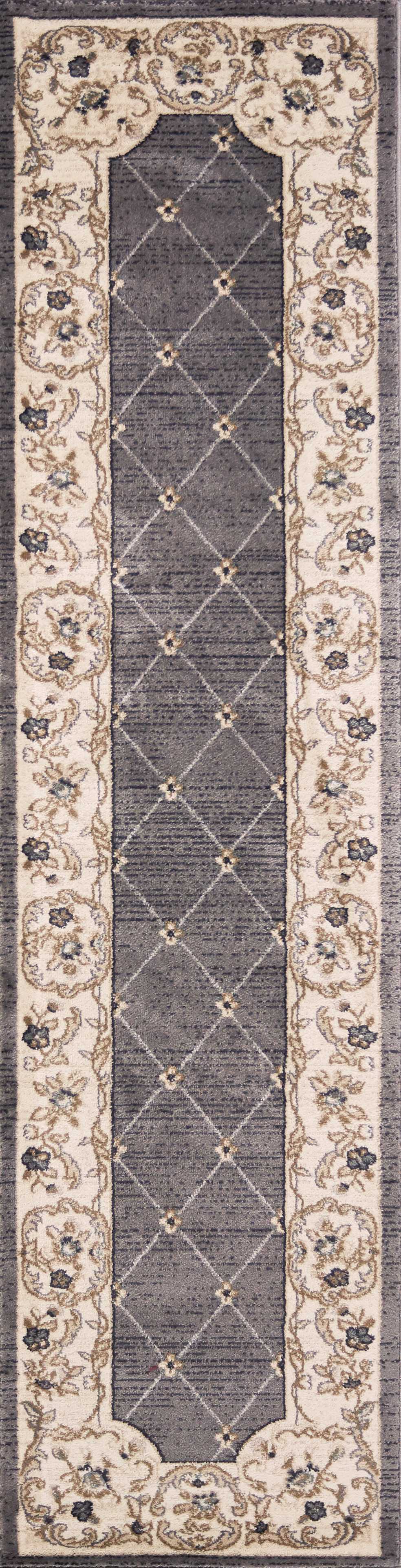 8' Grey Ivory Bordered Floral Indoor Runner Rug Default Title