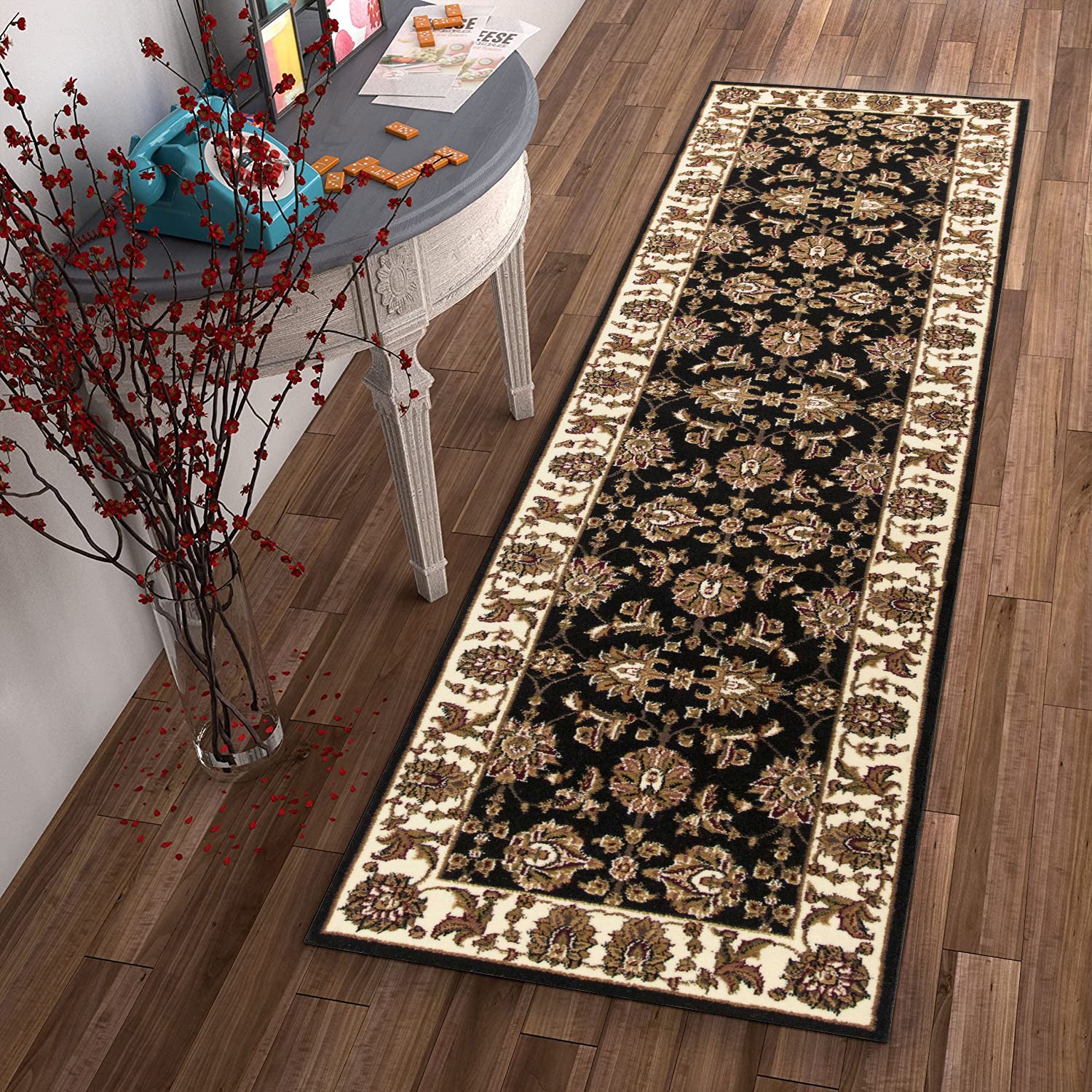 2' x 8' Black or Ivory Traditional Bordered Rug