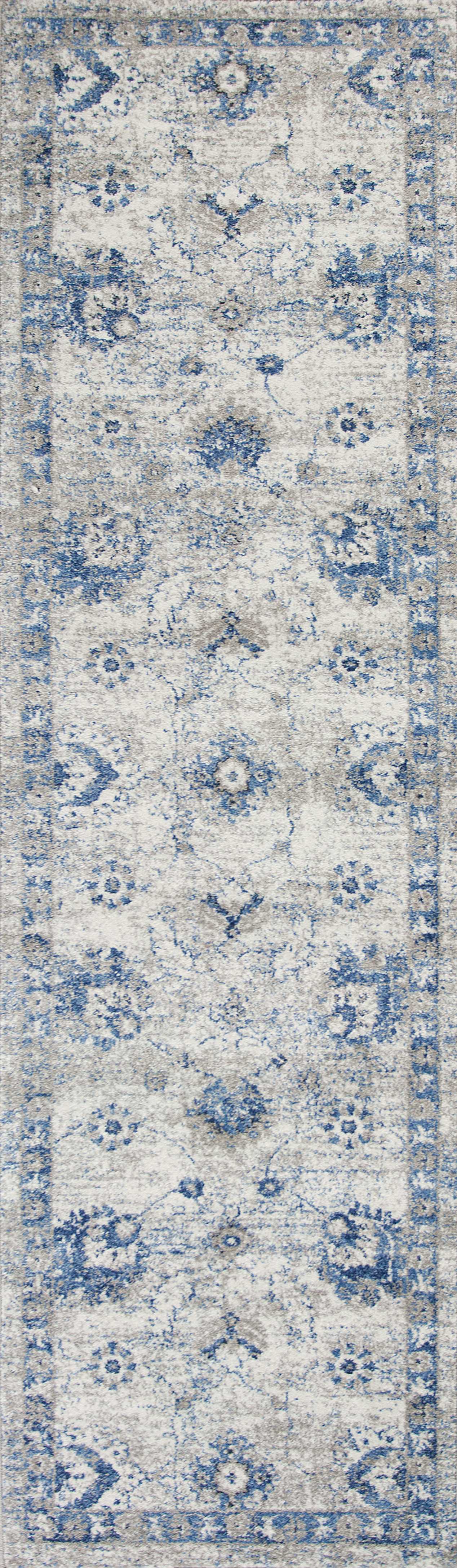 8' Grey Blue Machine Woven Bordered Floral Indoor Runner Rug Default Title