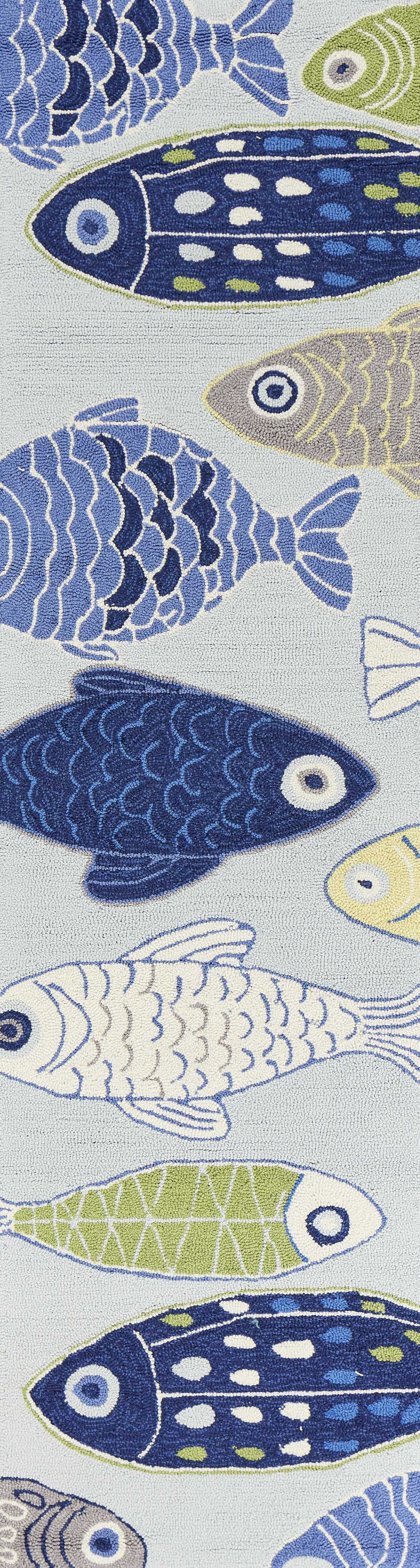 8' Light Blue Hand Hooked Oversized Sea Of Fish Indoor Runner Rug Default Title