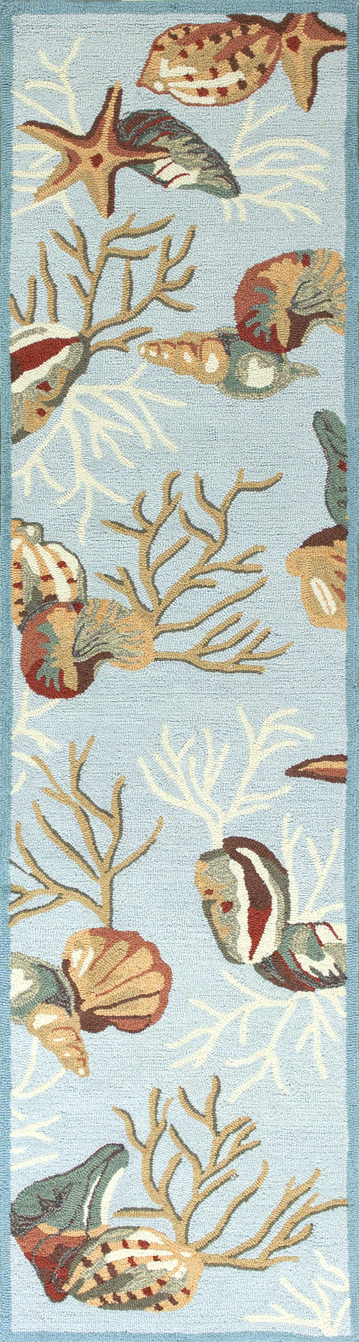 8' Blue Hand Hooked Sea Shells Indoor Runner Rug Default Title