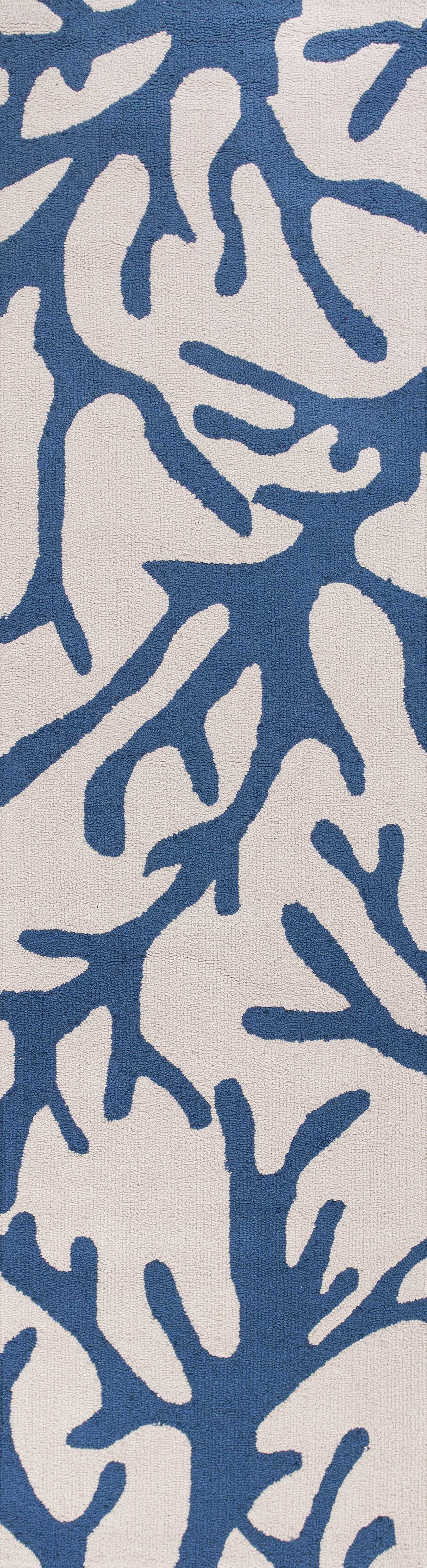 8' Ivory Blue Hand Hooked Oversized Coral Reef Indoor Runner Rug Default Title