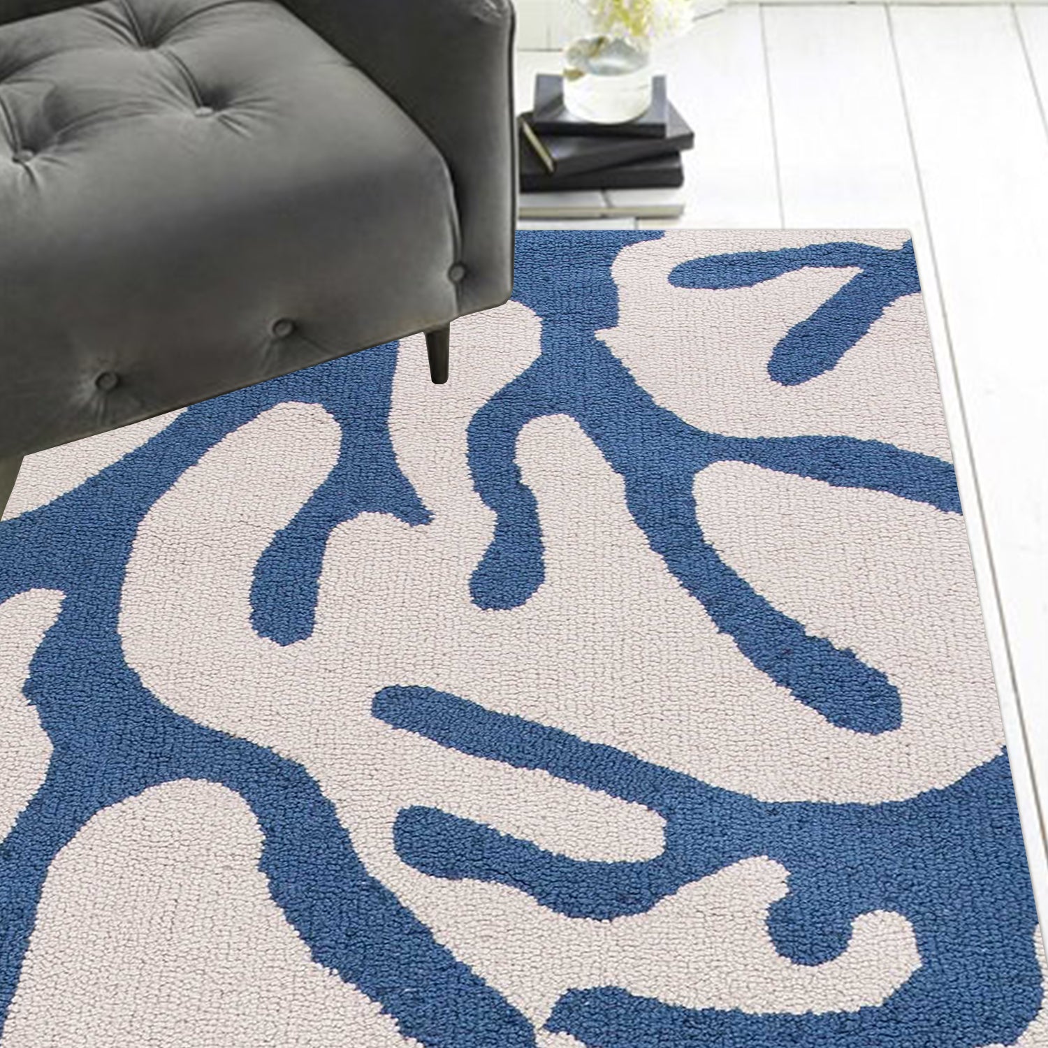 8' Ivory Blue Hand Hooked Oversized Coral Reef Indoor Runner Rug Default Title