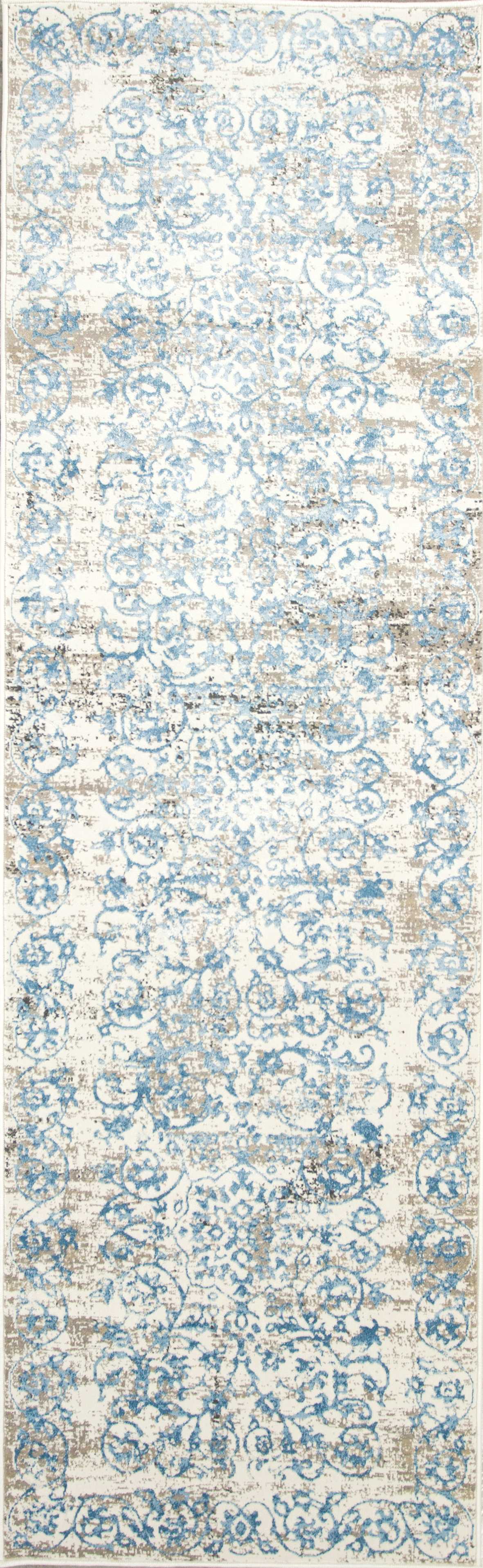 7' Ivory Blue Machine Woven Courtyard Runner Rug Default Title