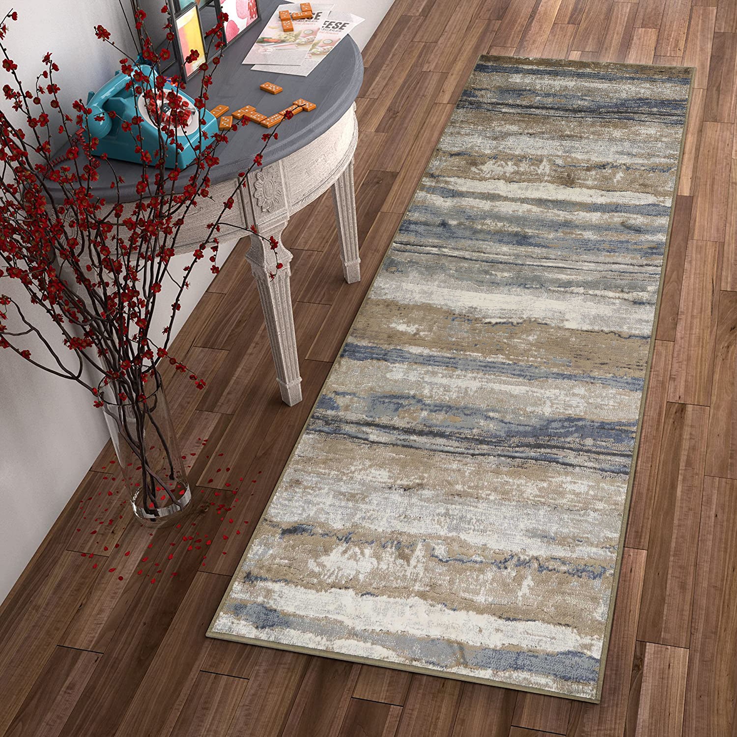 2' x 7' Ivory or Blue Landscape Viscose Runner Rug