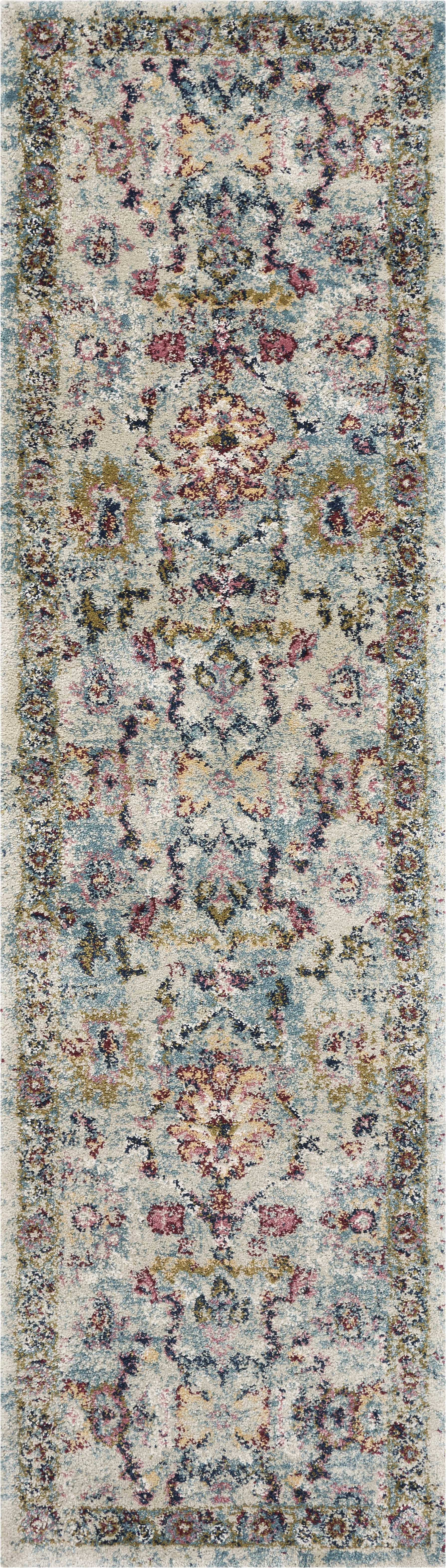 7' Light Blue Machine Woven Distressed Floral Traditional Indoor Runner Rug Default Title
