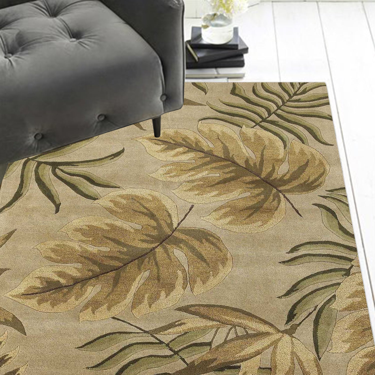 2' x 4' Sand Leaves Wool Area Rug