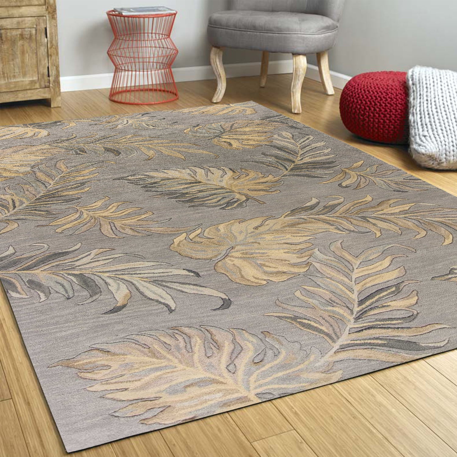 2' x 4' Grey Palm Leaves Wool Area Rug