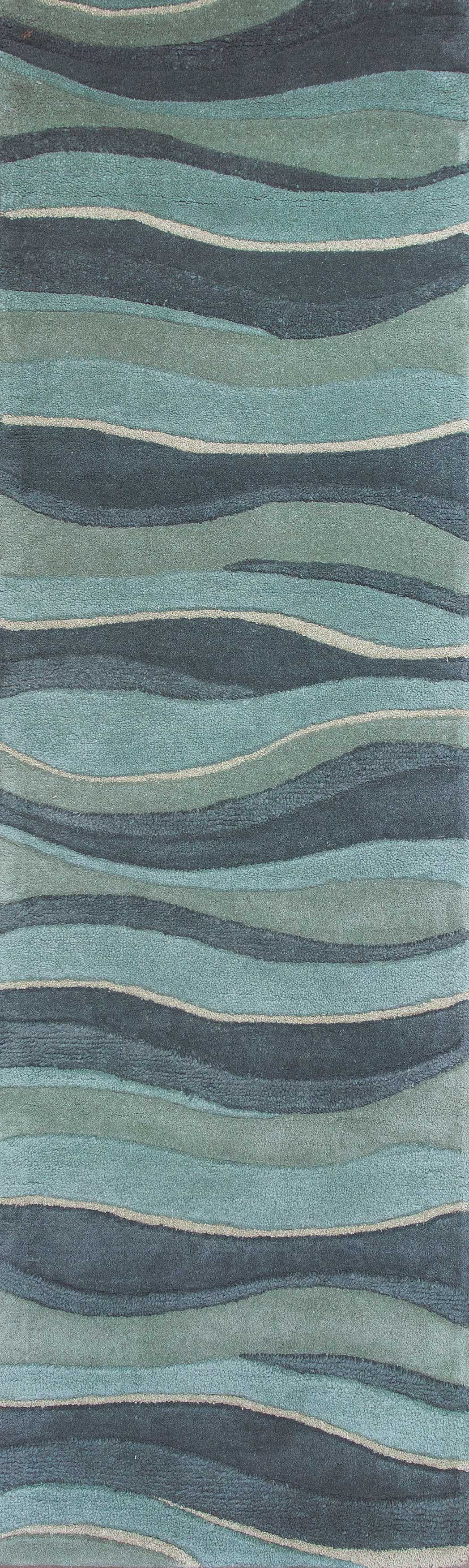8' Ocean Blue Teal Hand Tufted Abstract Waves Indoor Runner Rug Default Title