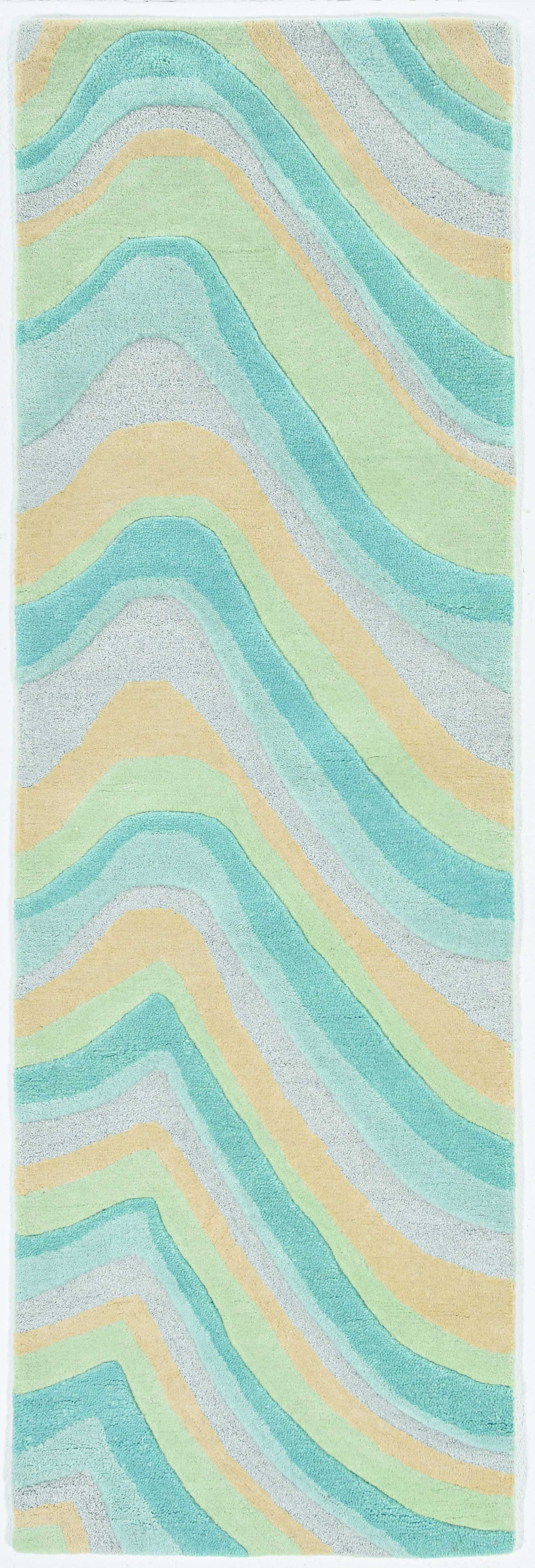8' Ocean Blue Beige Hand Tufted Abstract Waves Indoor Runner Rug Default Title