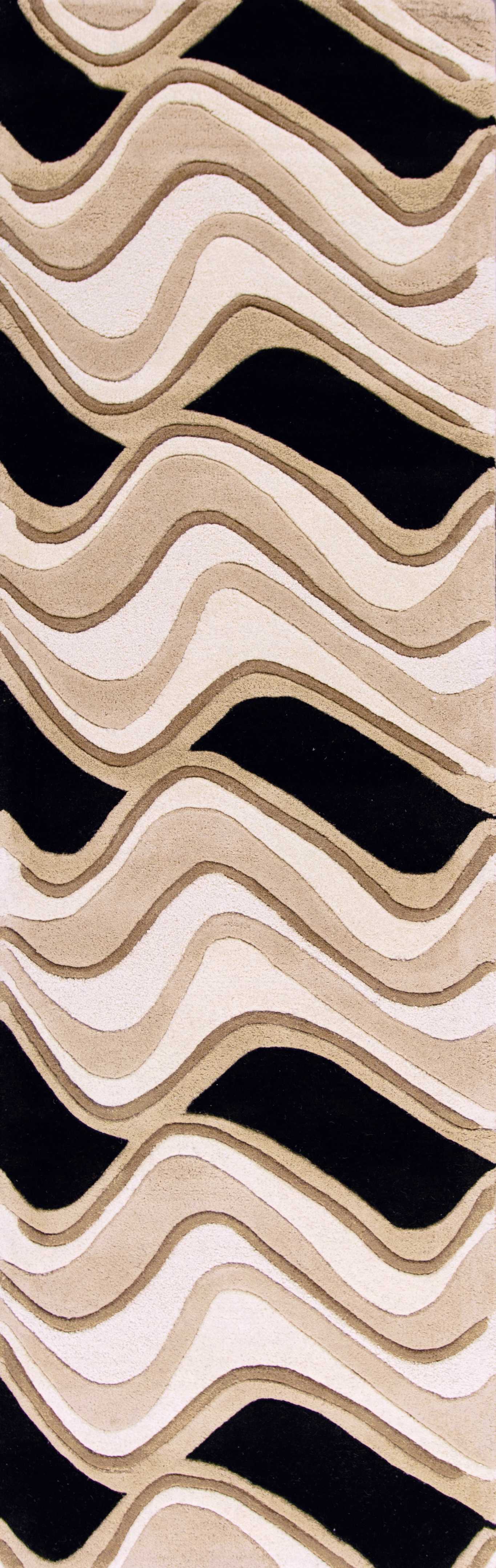 2' x 7' Black or Beige Abstract Waves Wool Runner Rug