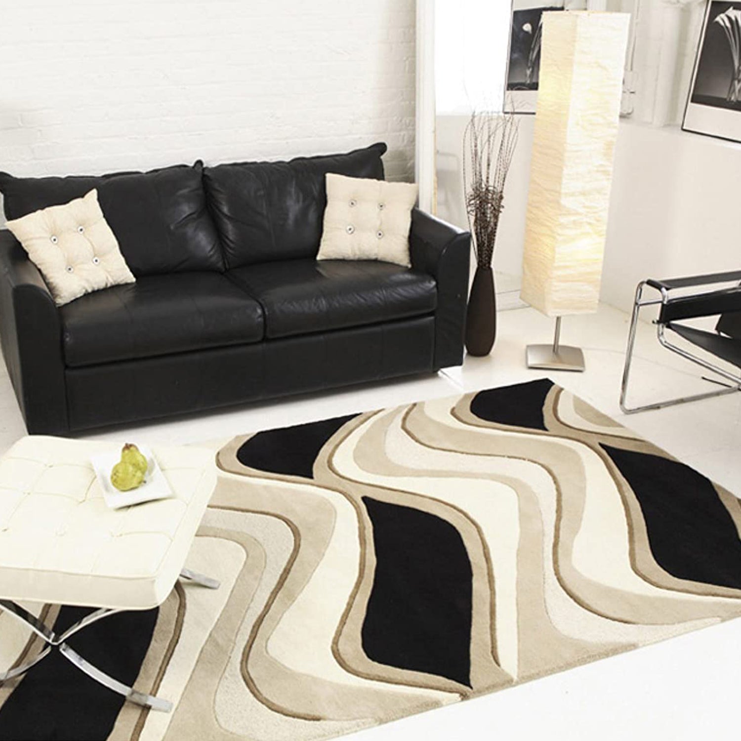 2' x 7' Black or Beige Abstract Waves Wool Runner Rug