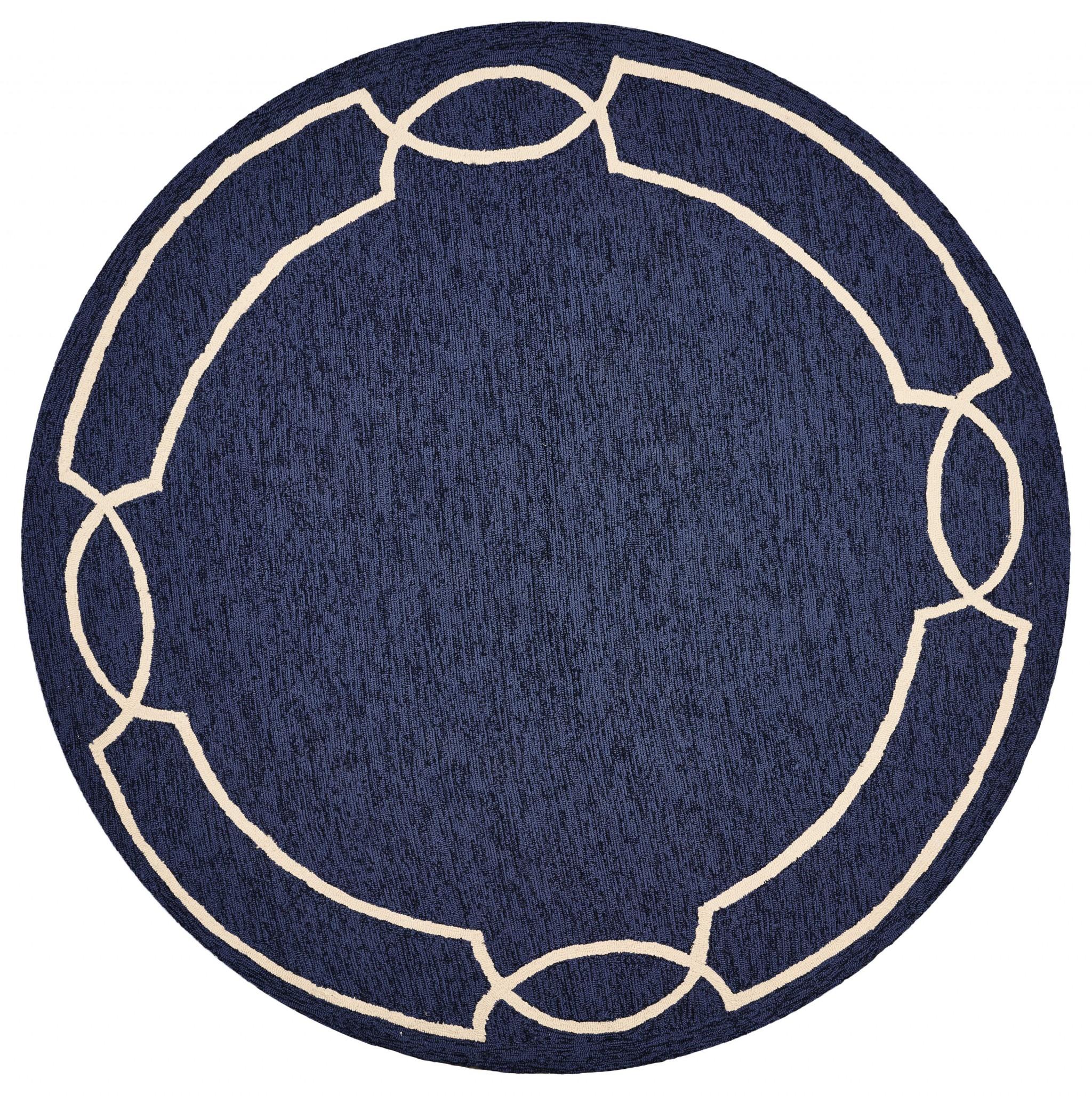 7' Ocean Blue Hand Hooked UV Treated Bordered Round Indoor Outdoor Area Rug