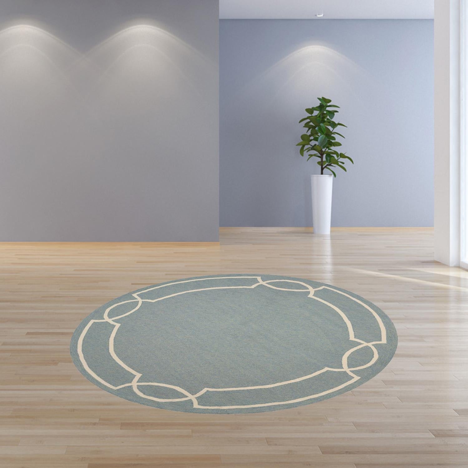 7' Spa Blue Hand Hooked UV Treated Bordered Round Indoor Outdoor Area Rug