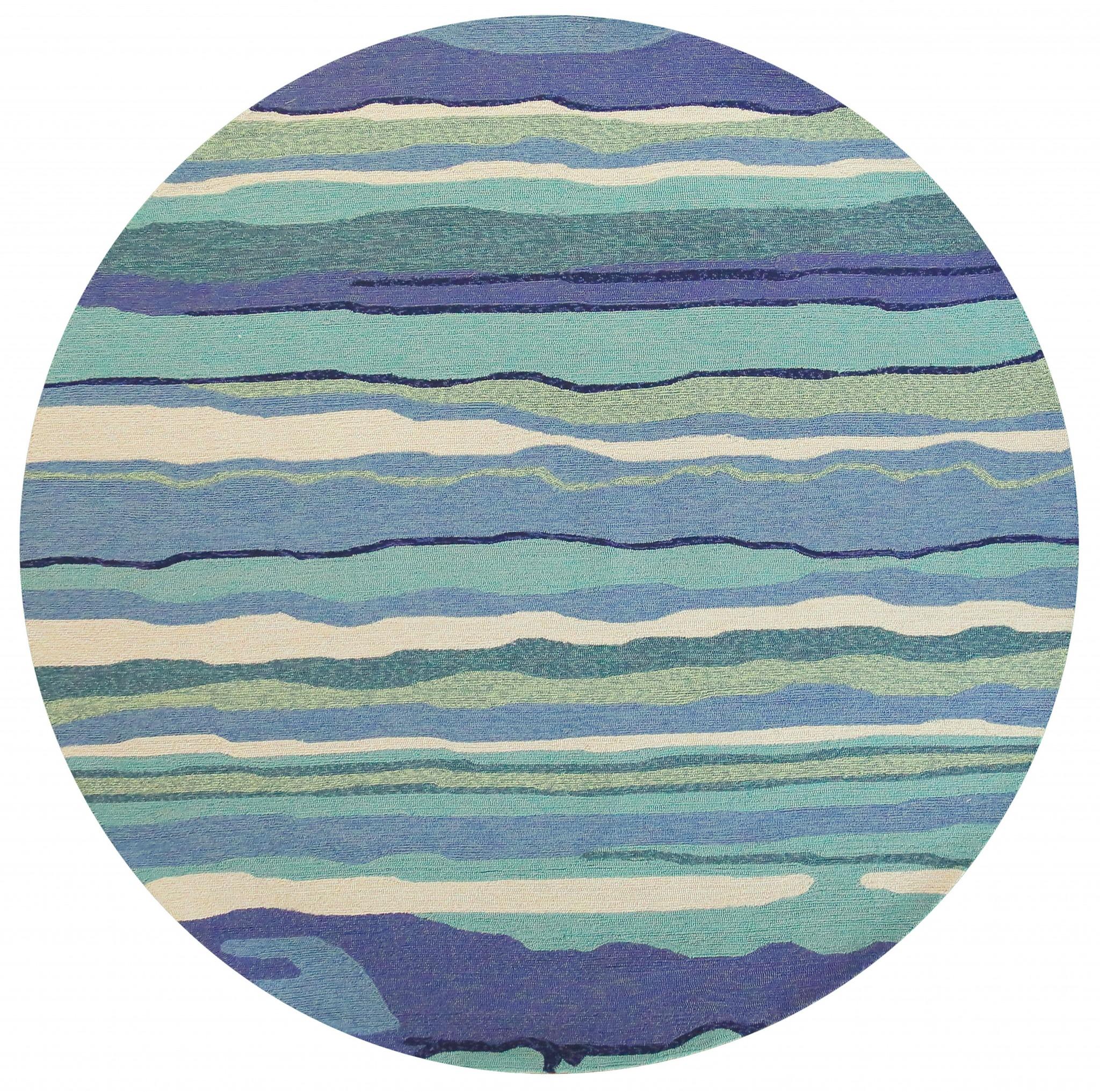 8' Ocean Blue Hand Hooked UV Treated Abstract Waves Round Indoor Outdoor Area Rug