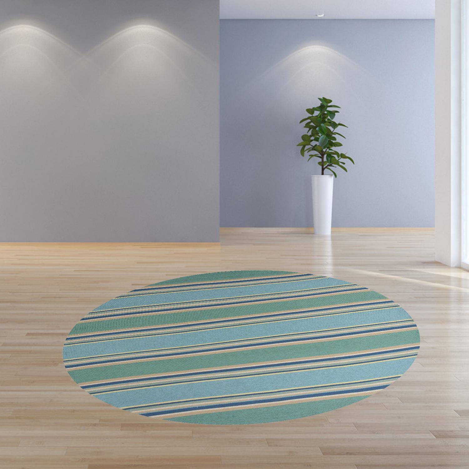 8' Ocean Blue Hand Hooked UV Treated Awning Stripes Round Indoor Outdoor Area Rug