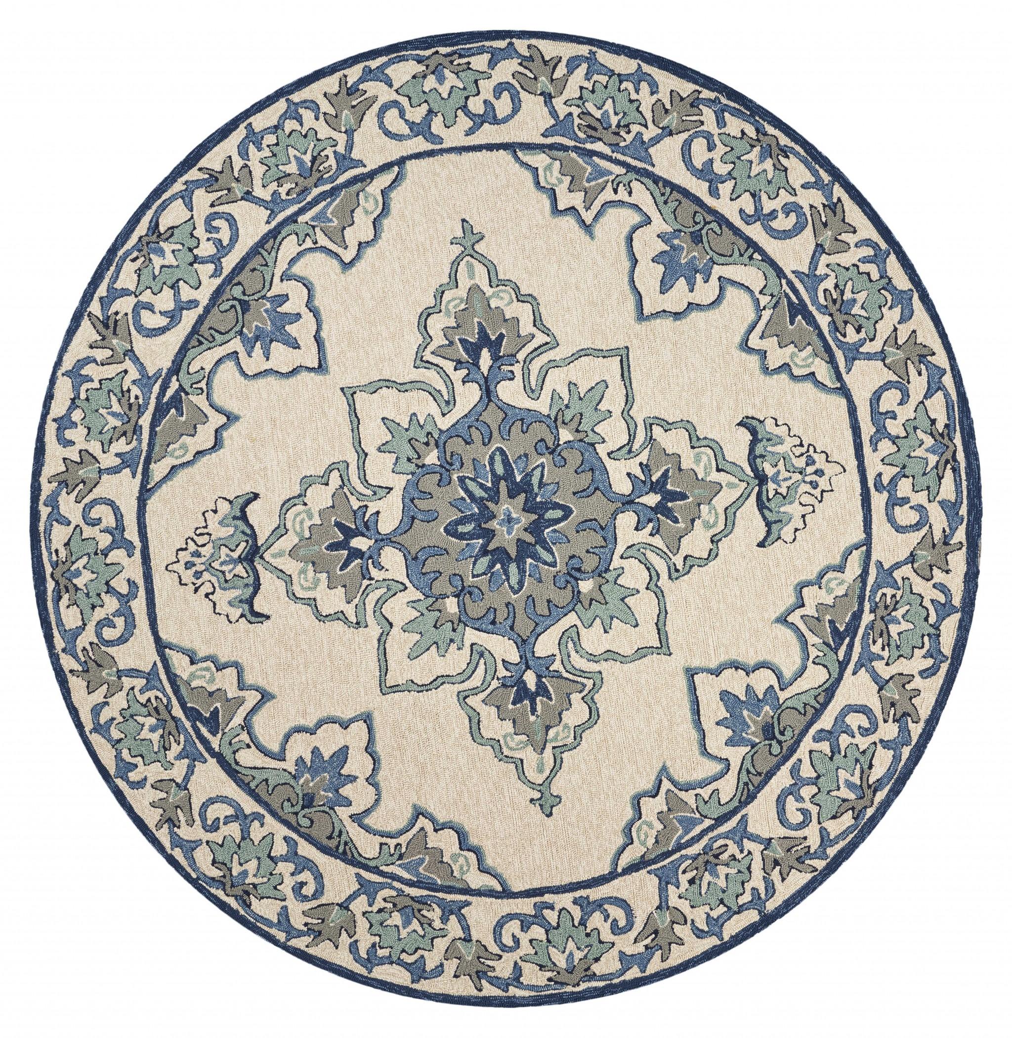 8' Ivory Blue Hand Hooked UV Treated Floral Medallion Round Indoor Outdoor Area Rug