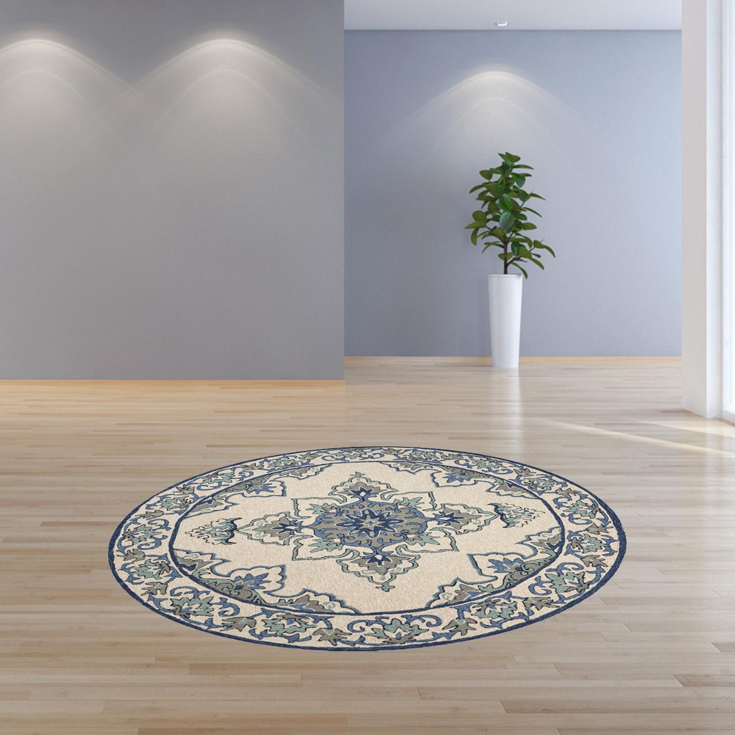 8' Ivory Blue Hand Hooked UV Treated Floral Medallion Round Indoor Outdoor Area Rug