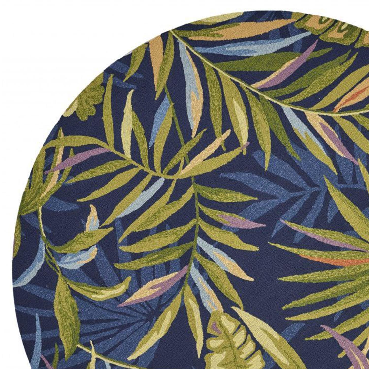 8' Ink Blue Hand Hooked UV Treated Oversized Tropical Leaves Round Indoor Outdoor Area Rug