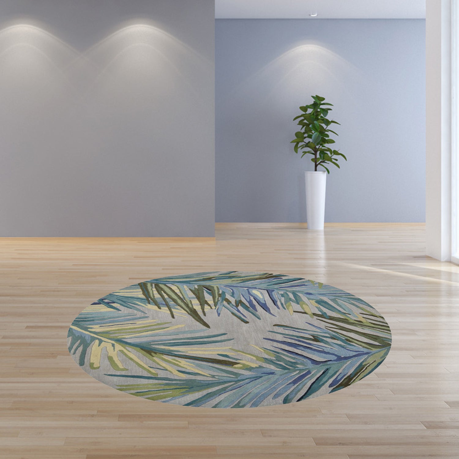 6' Grey Blue Hand Tufted Tropical Palms Indoor Area Rug