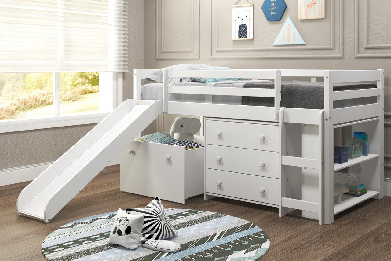 White Mini Loft with Dresser Toy Box and Slide Default Title