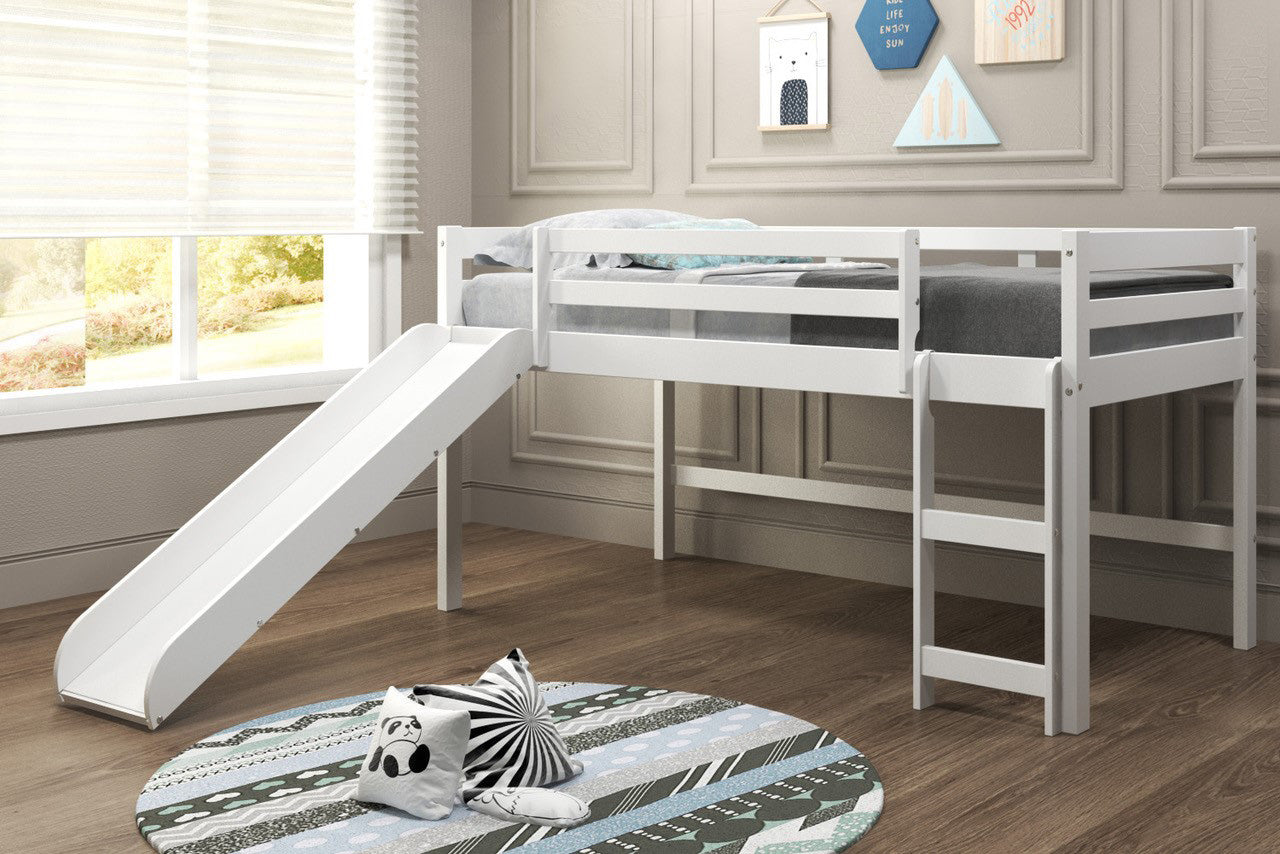 White Wooden Mini Loft Bed with Slide