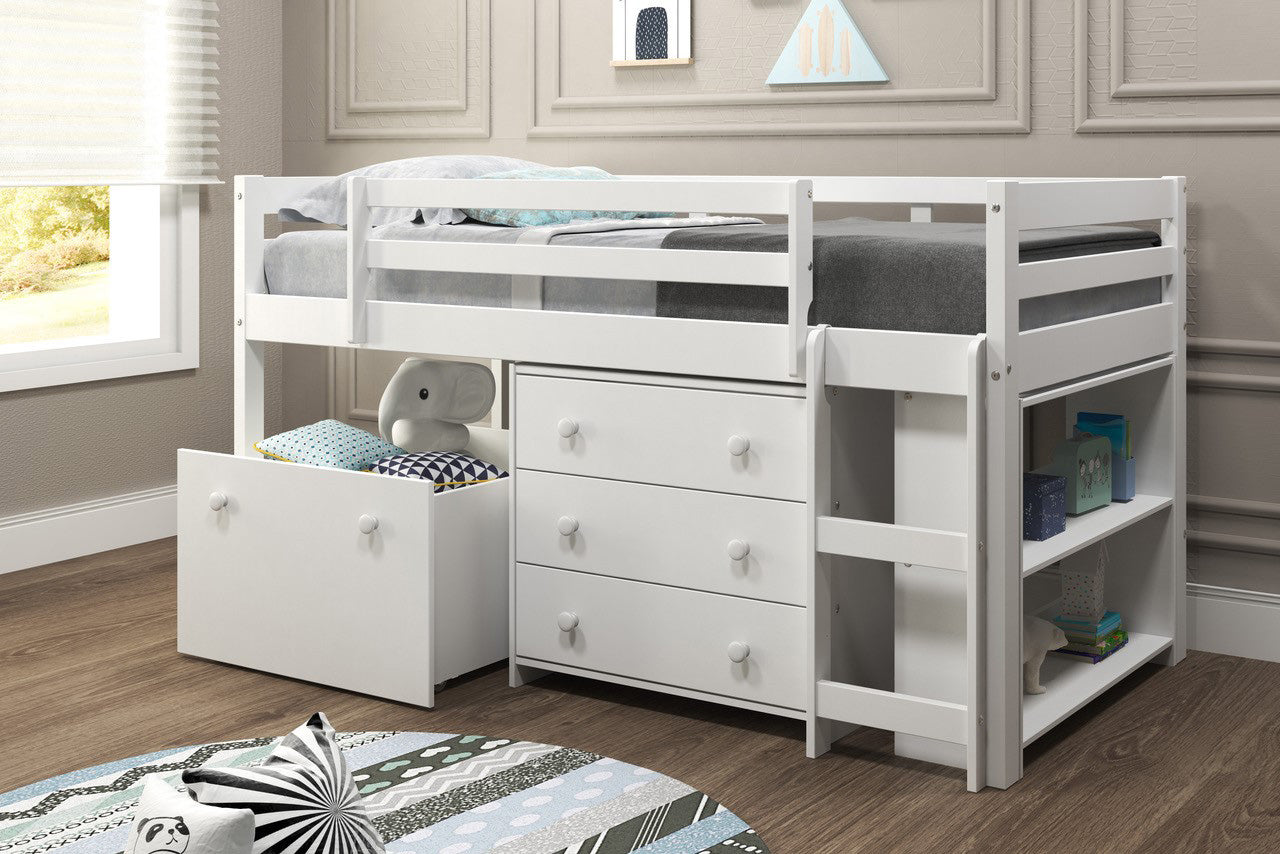 White Mini Loft Bed with Dresser and Toy Box