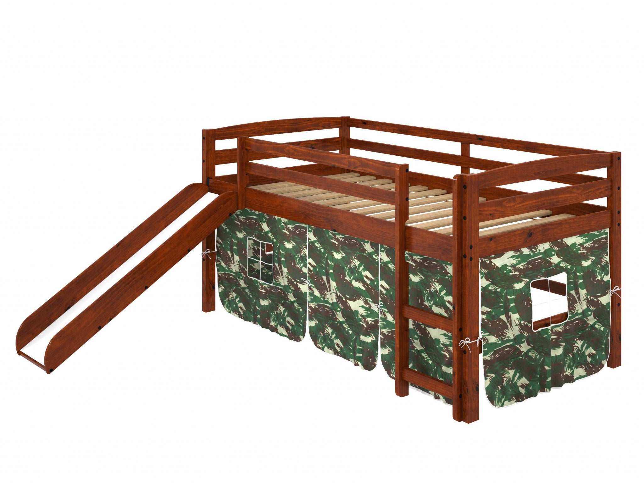 Brown Wooden Camo Tent Low Loft Bed with Slide