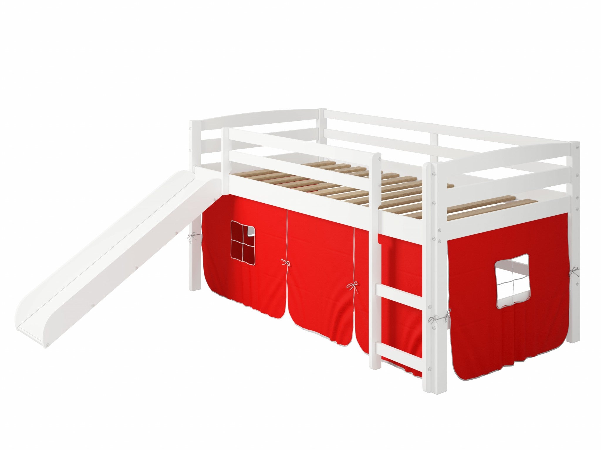 White Wooden Red Tent Low Loft Bed with Slide Default Title