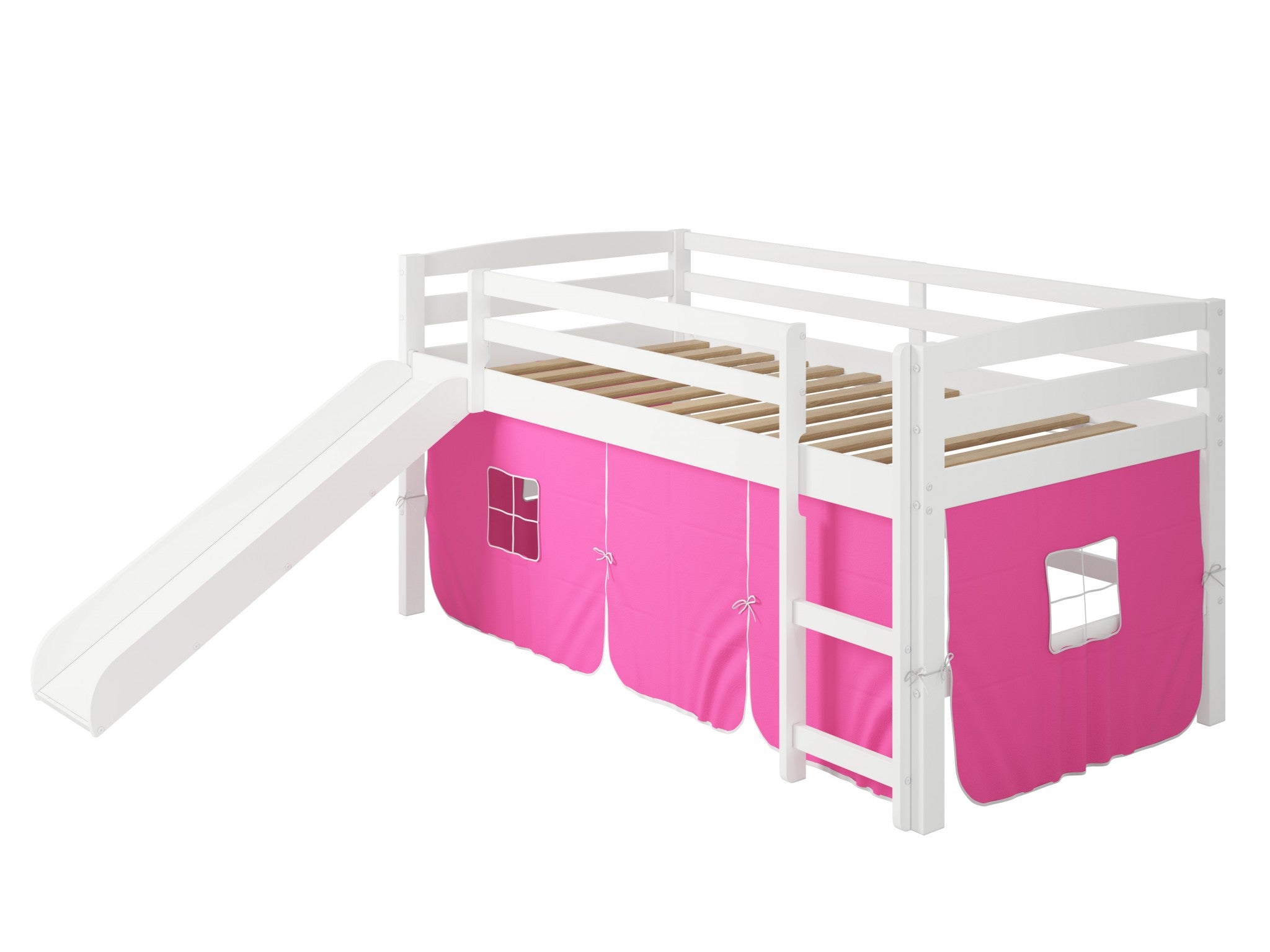 White Wooden Pink Tent Low Loft Bed with Slide Default Title