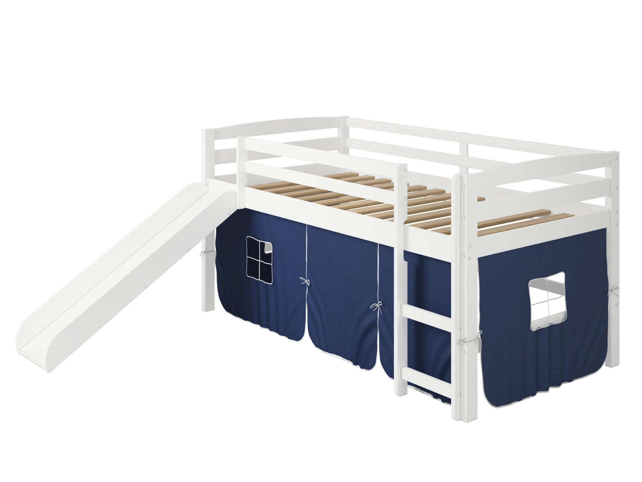 White Wooden Blue Tent Low Loft Bed with Slide Default Title