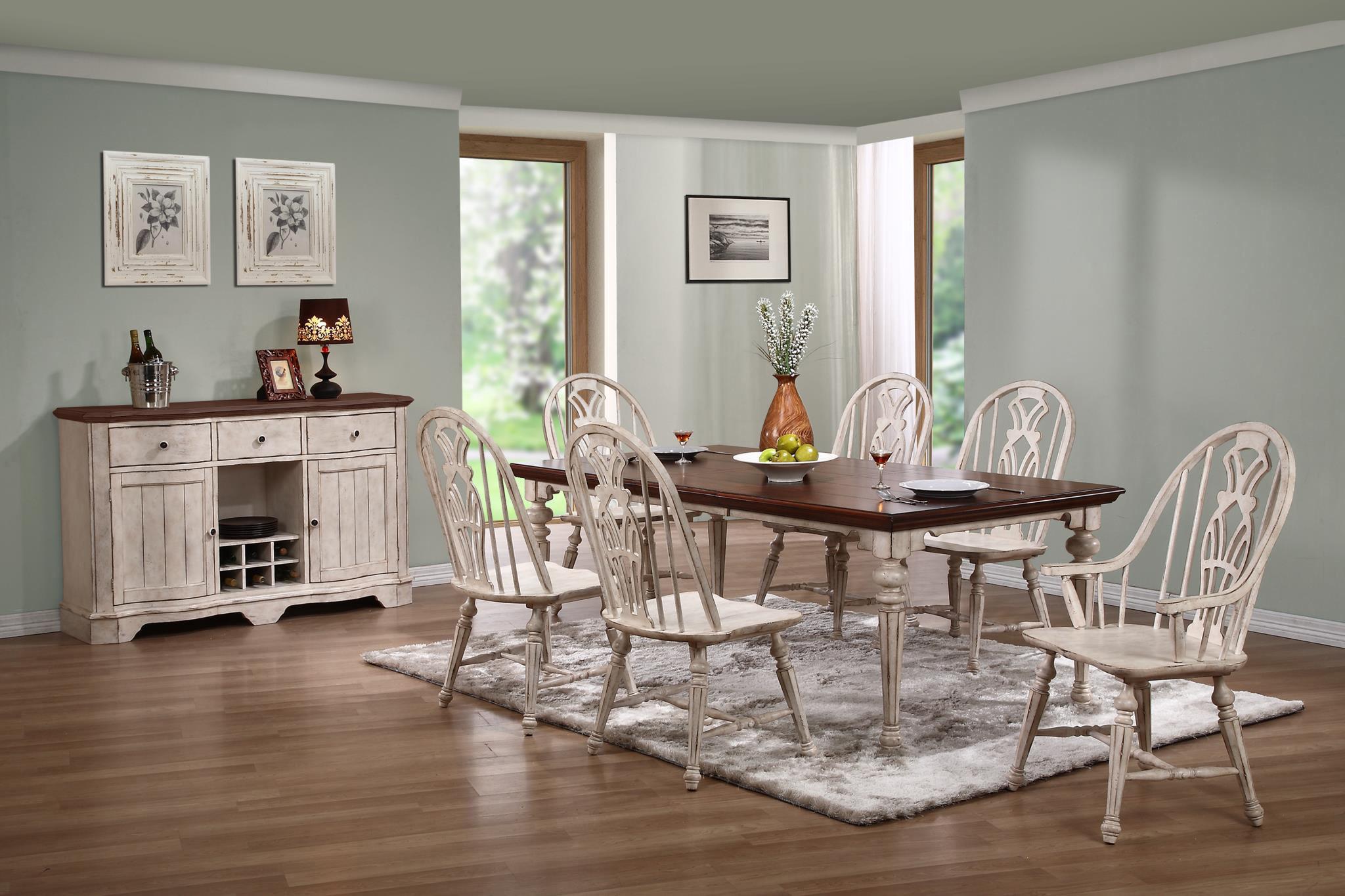 Eight Piece Vintage Cottage White and Brown Hardwood Dining Set