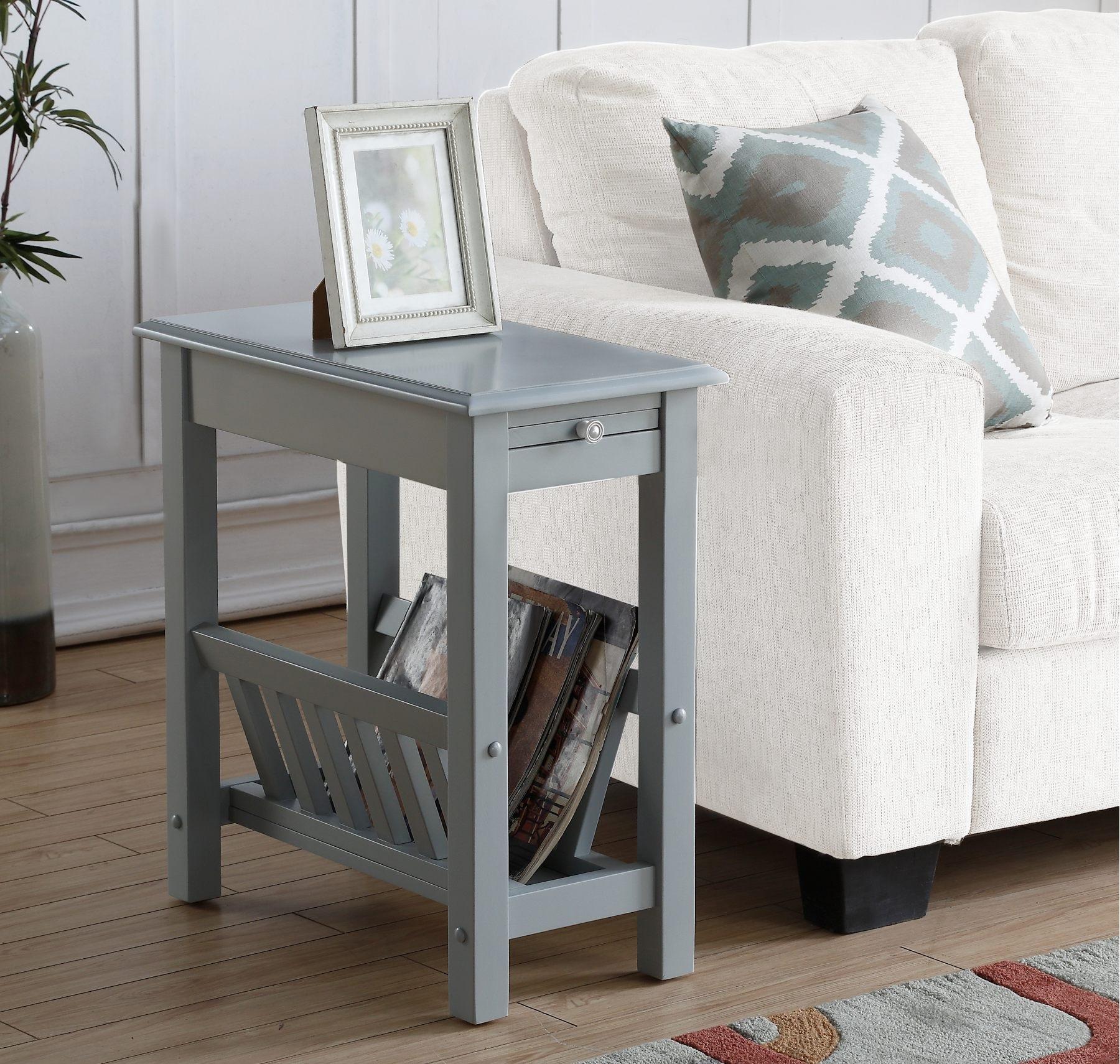 Compact Grey Wood End Table With Magazine Rack