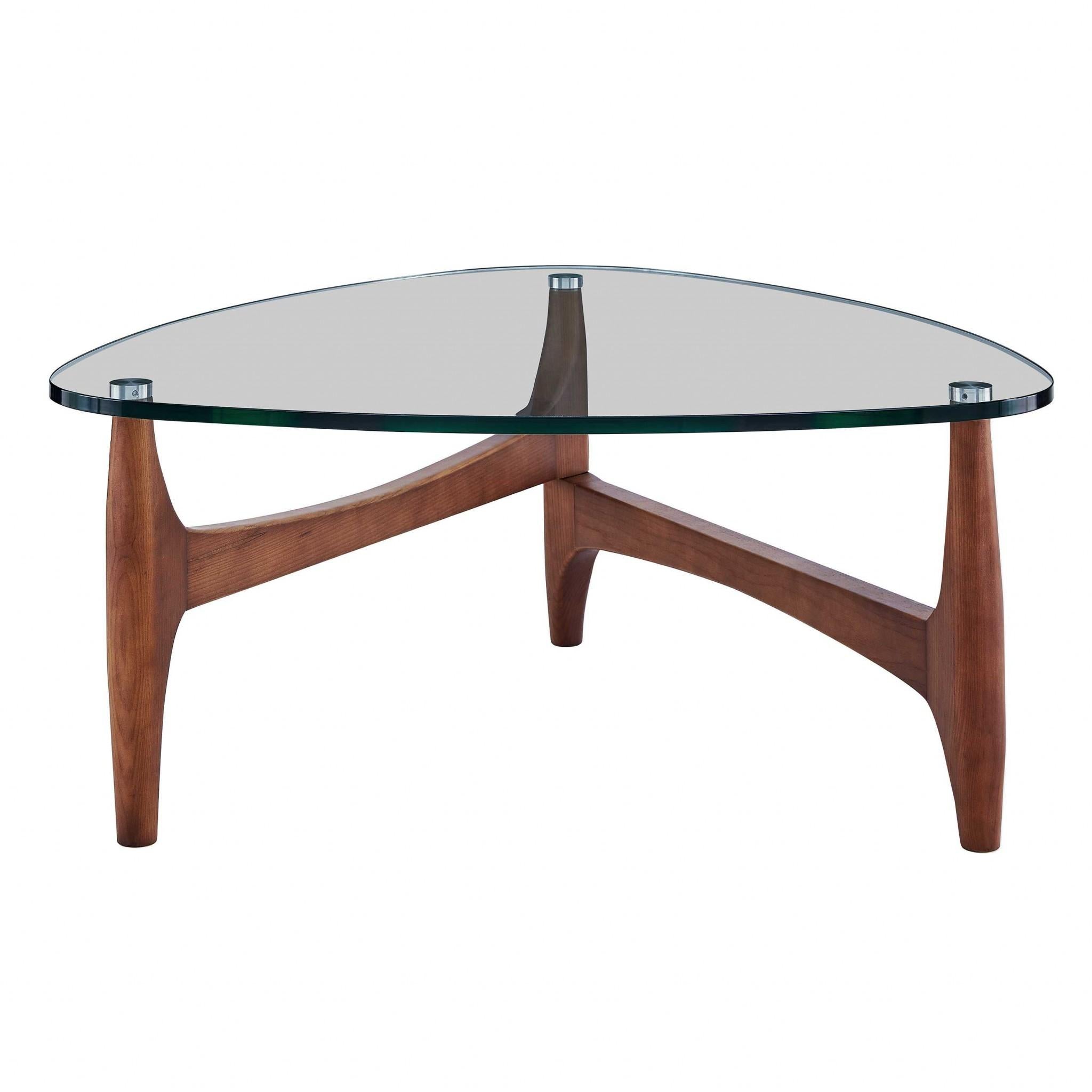 Mod Soft Triangle Clear Glass and Walnut End Table