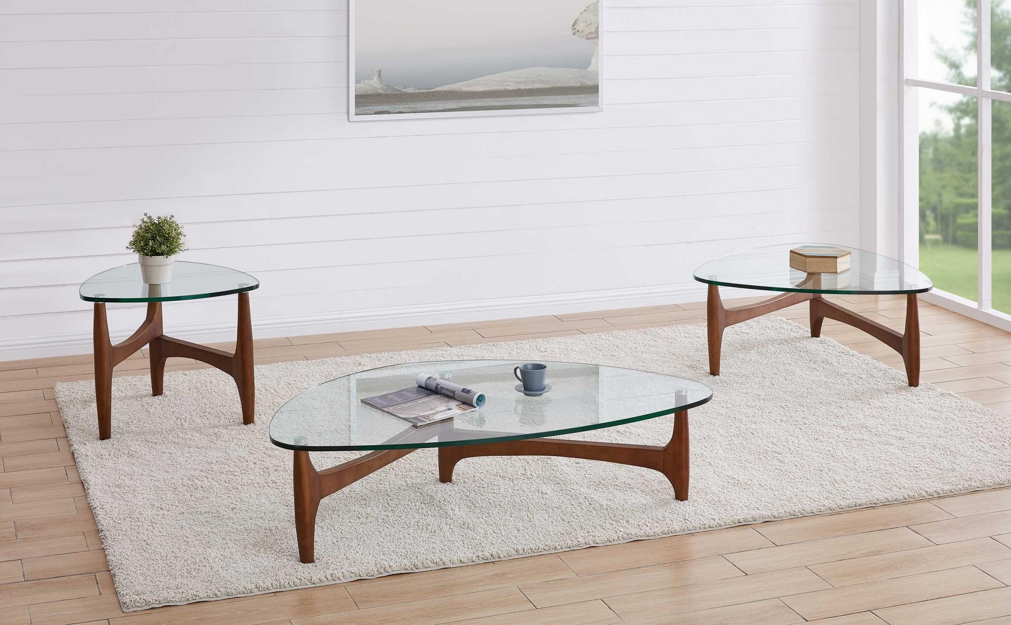 Mod Soft Triangle Clear Glass and Walnut End Table