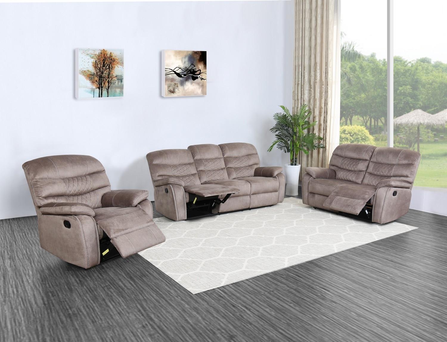 Three Piece Light Brown Microfiber Reclining Sofa Set