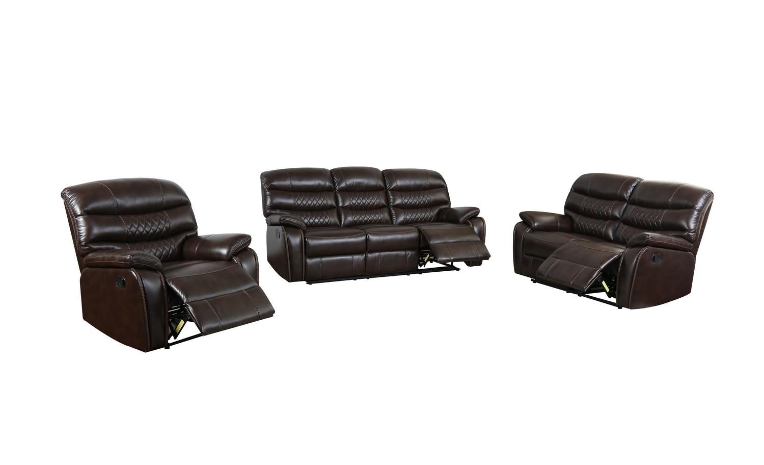 Three Piece Dark Brown Faux Leather Reclining Sofa Set