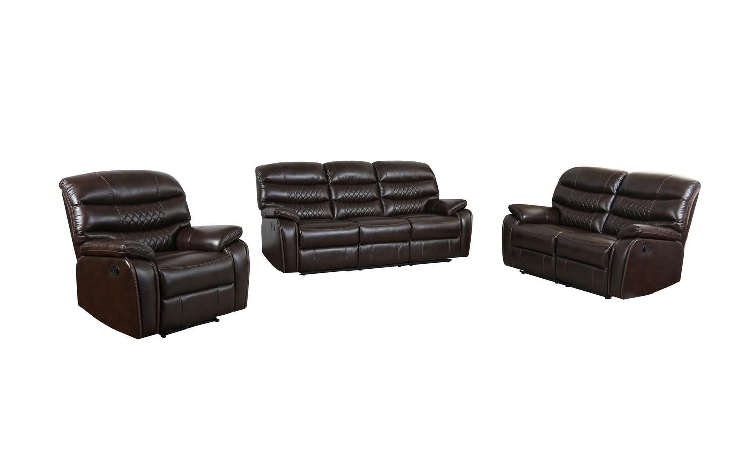 Three Piece Dark Brown Faux Leather Reclining Sofa Set