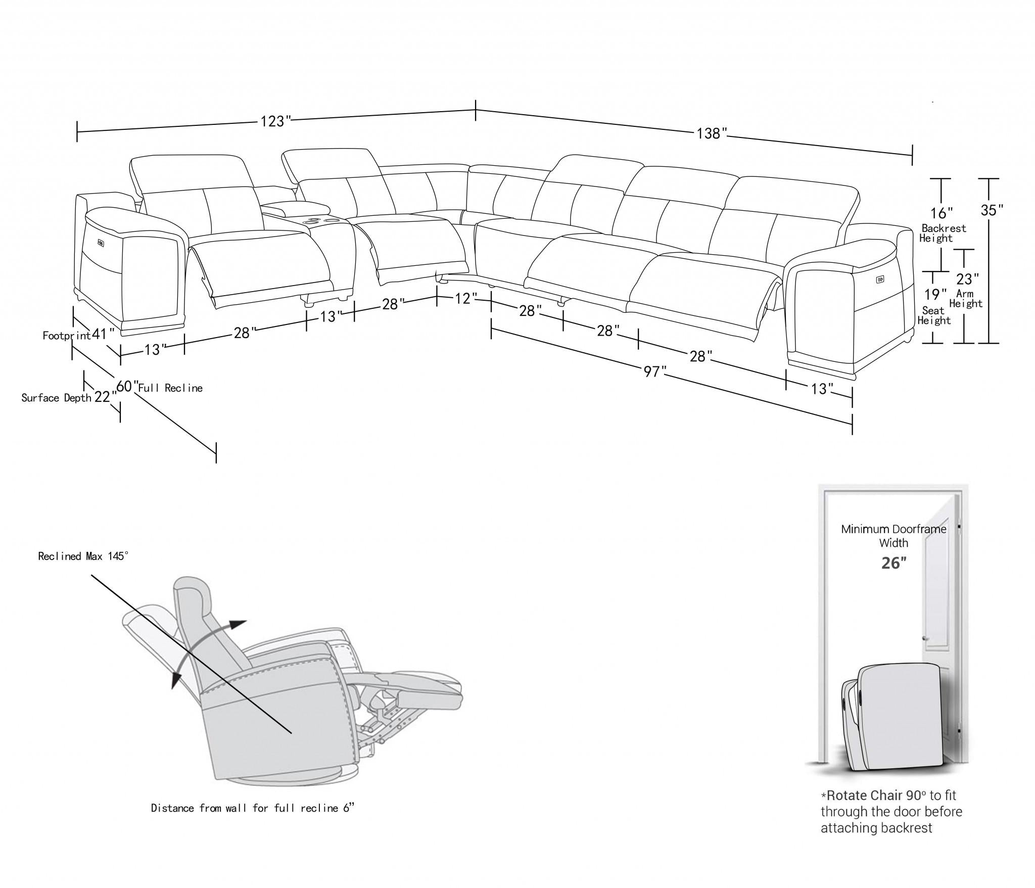 White Genuine Leather Power Reclining 7PC Sectional with 1 Console