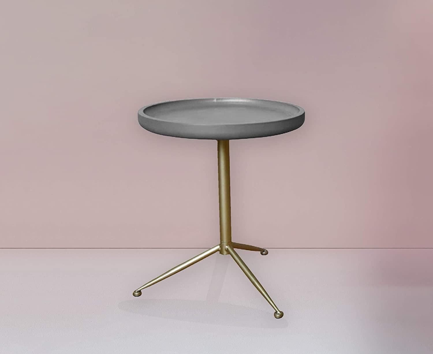 Sleek Round Gray Wood and Goldtone Side End Table 22 H