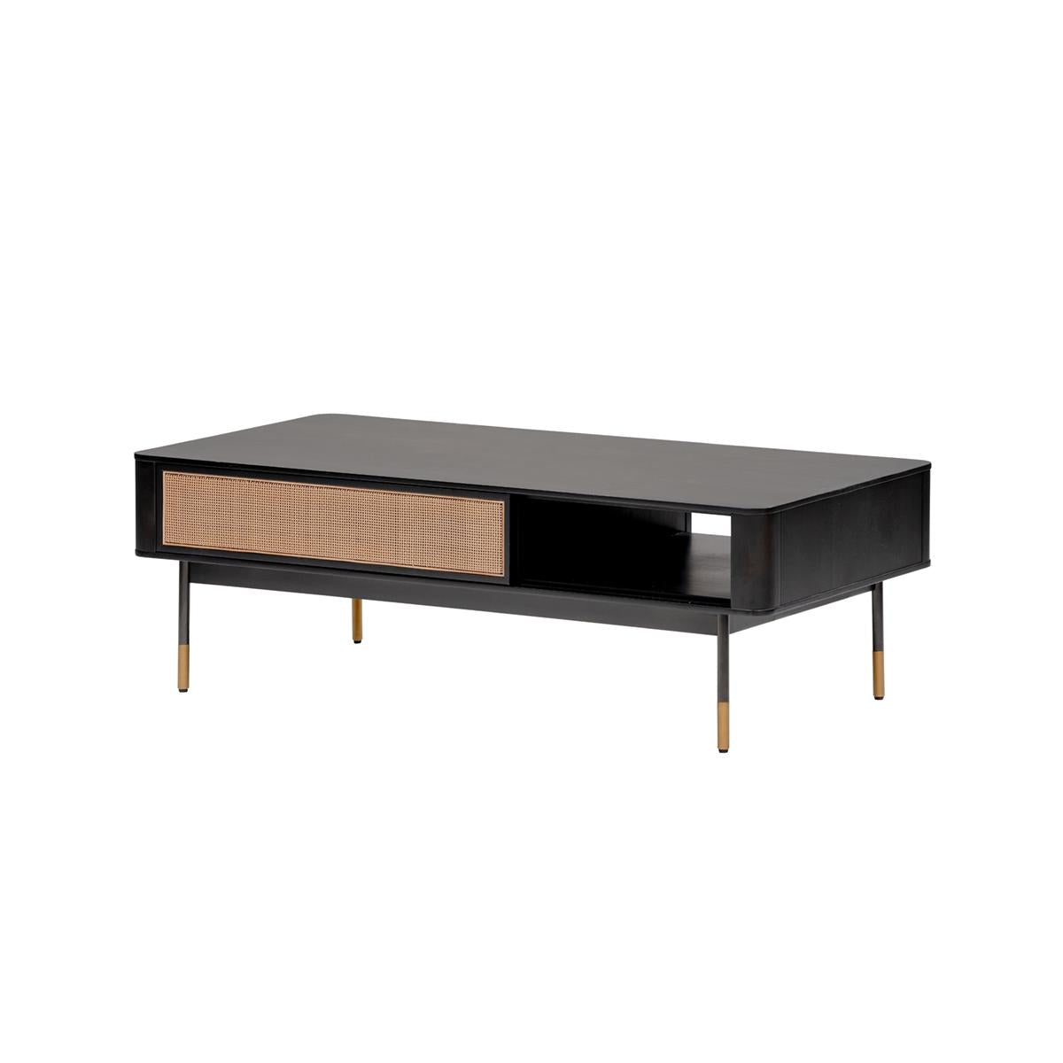 Modern Black and Wicker Coffee Table with Storage