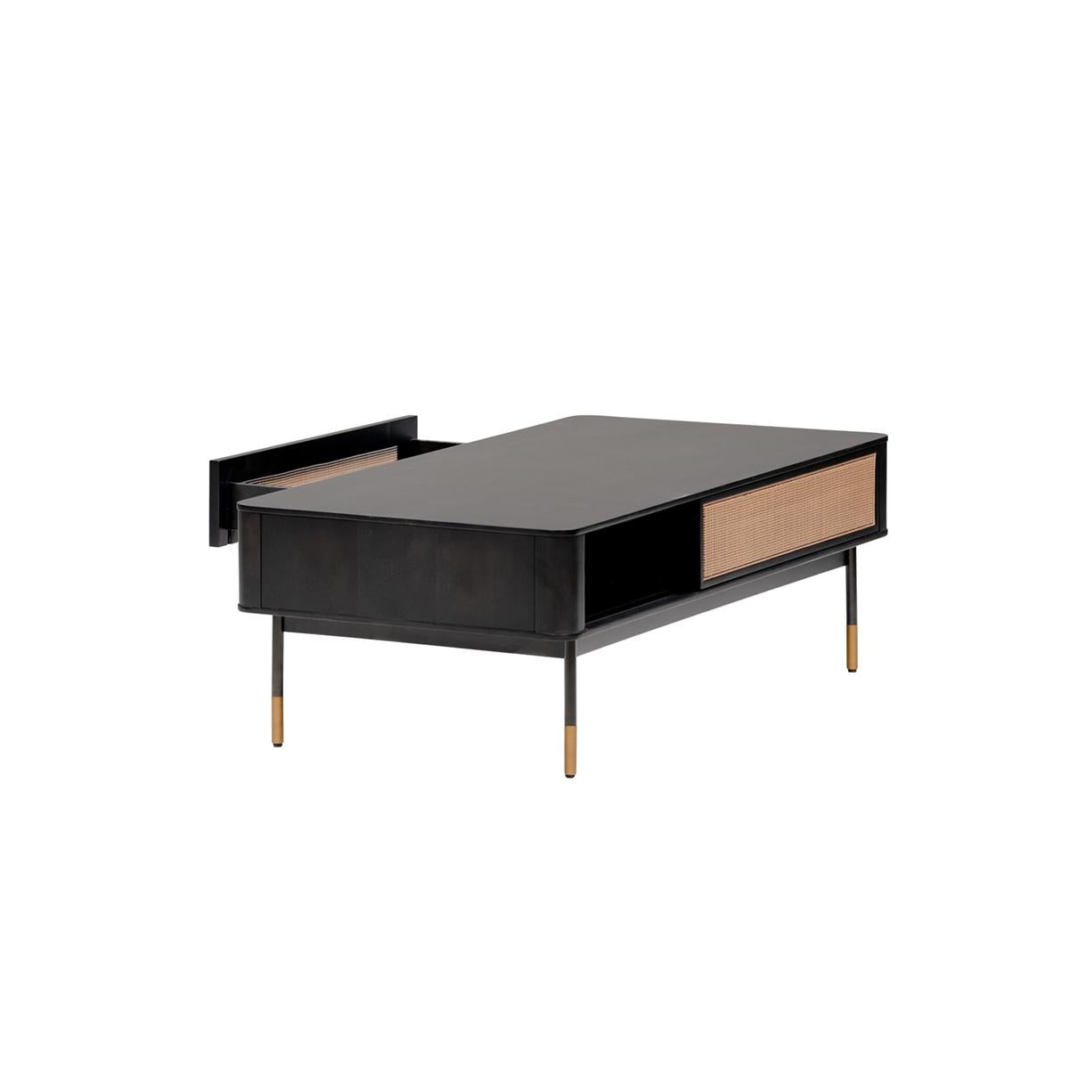 Modern Black and Wicker Coffee Table with Storage